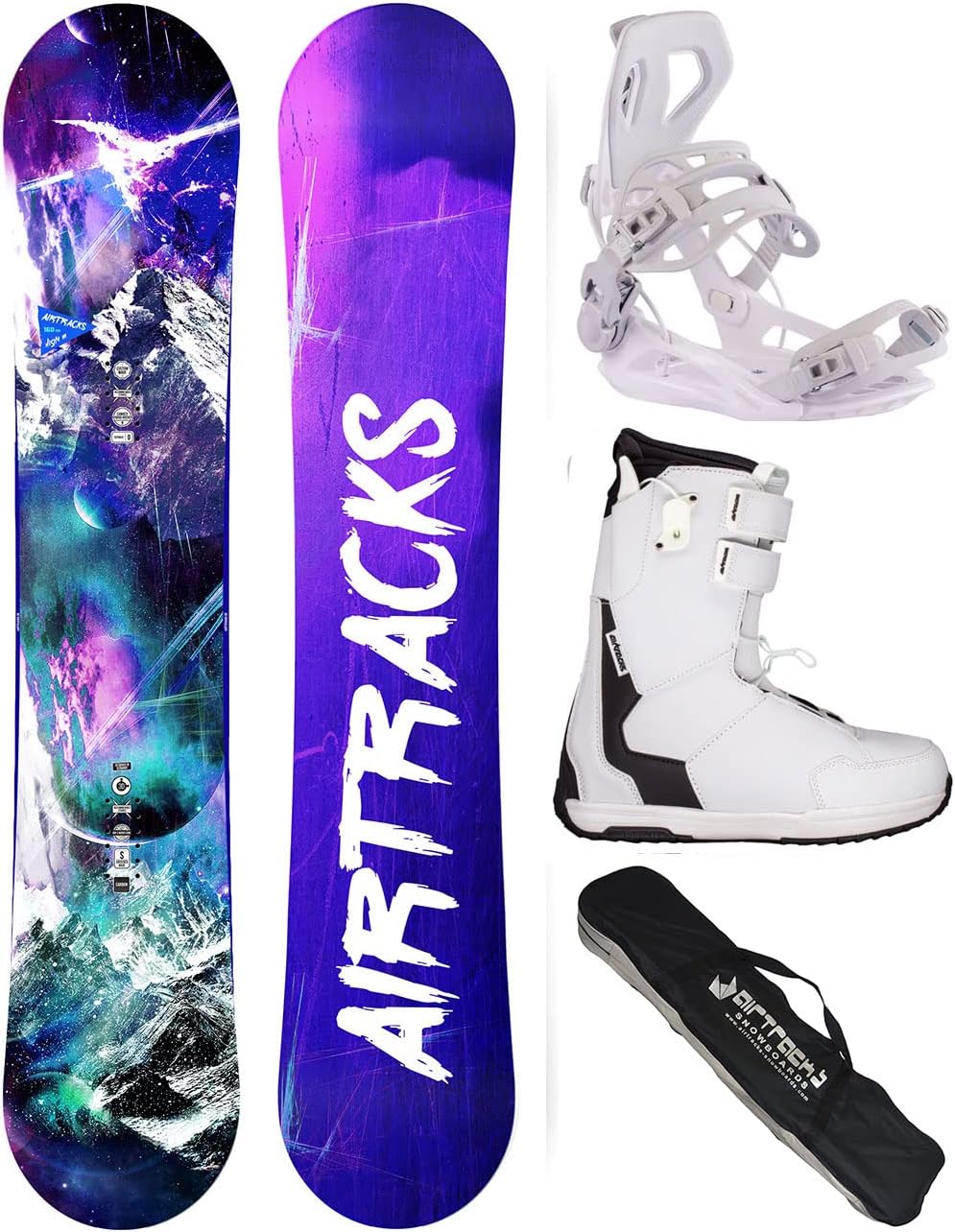 AIRTRACKS Snowboard Set Pack Planche High M Hybrid Rocker + Fixations Master W + Chaussures + SB Sac 140 145 150 155 cm - fitnessterapy