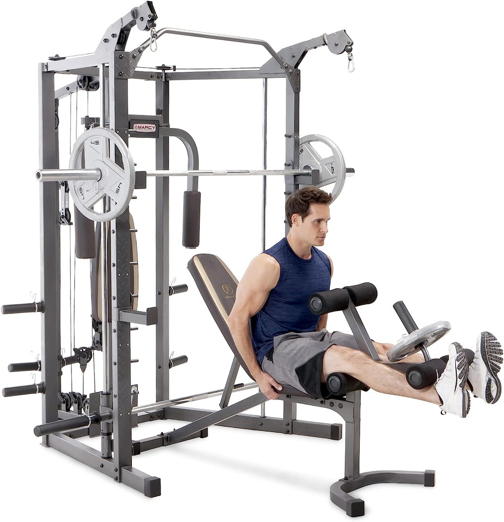 Marcy Smith Cage Machine avec banc d'entraînement et barre de musculation Équipement de gym à domicile - fitnessterapy