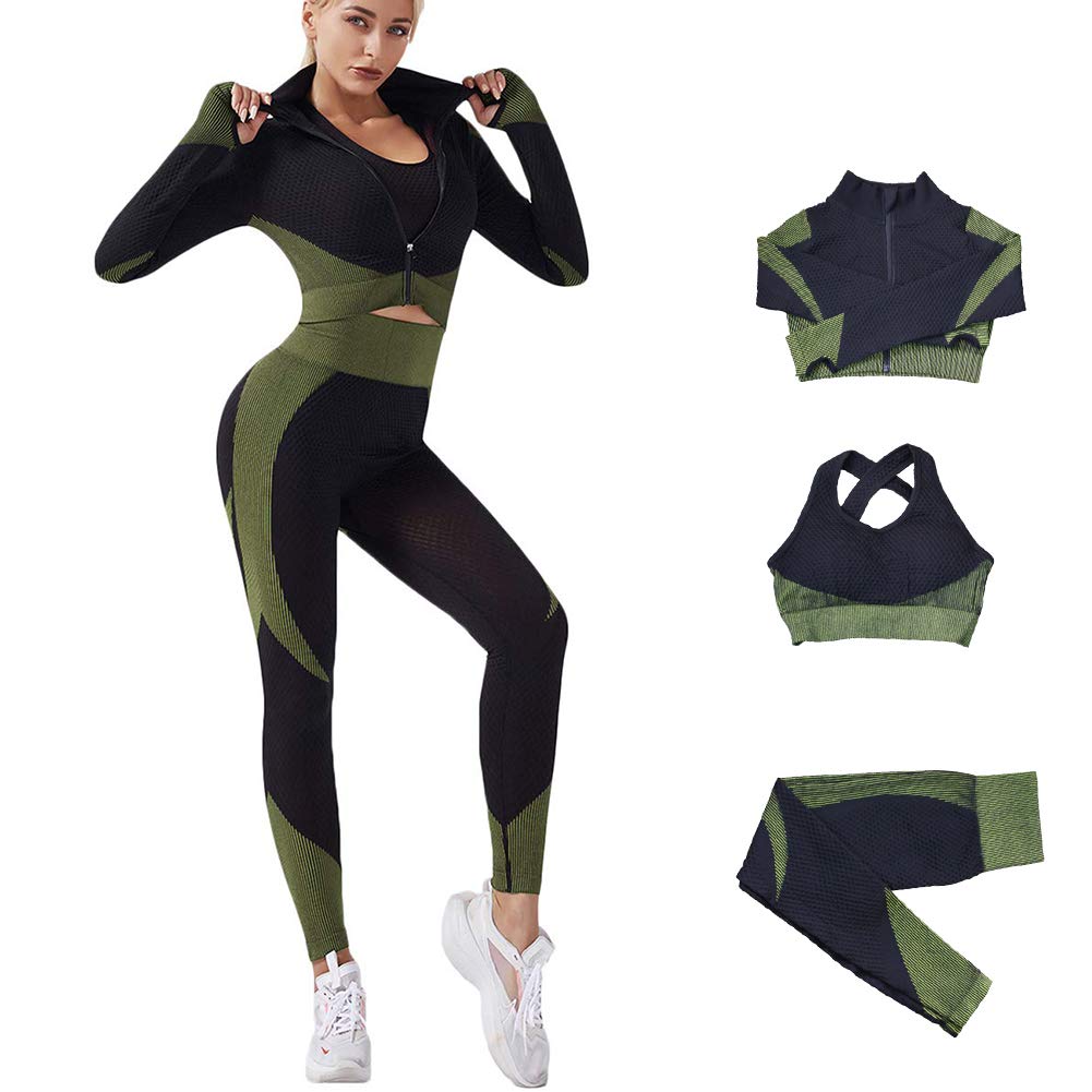 Veriliss Vêtement de Sport Femme 3 Pièces Survêtements D'entraînement Ensembles Soutien-Gorge Sport Legging De Yoga Sportswear Fitness Ensembles D'entraînement Tenues De Sport