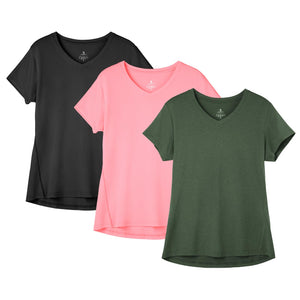 icyzone T-Shirts de Sport Femme à Manche Courtes Tops et Col en V Fitness Yoga Tee Shirt, Lot de 3 - fitnessterapy