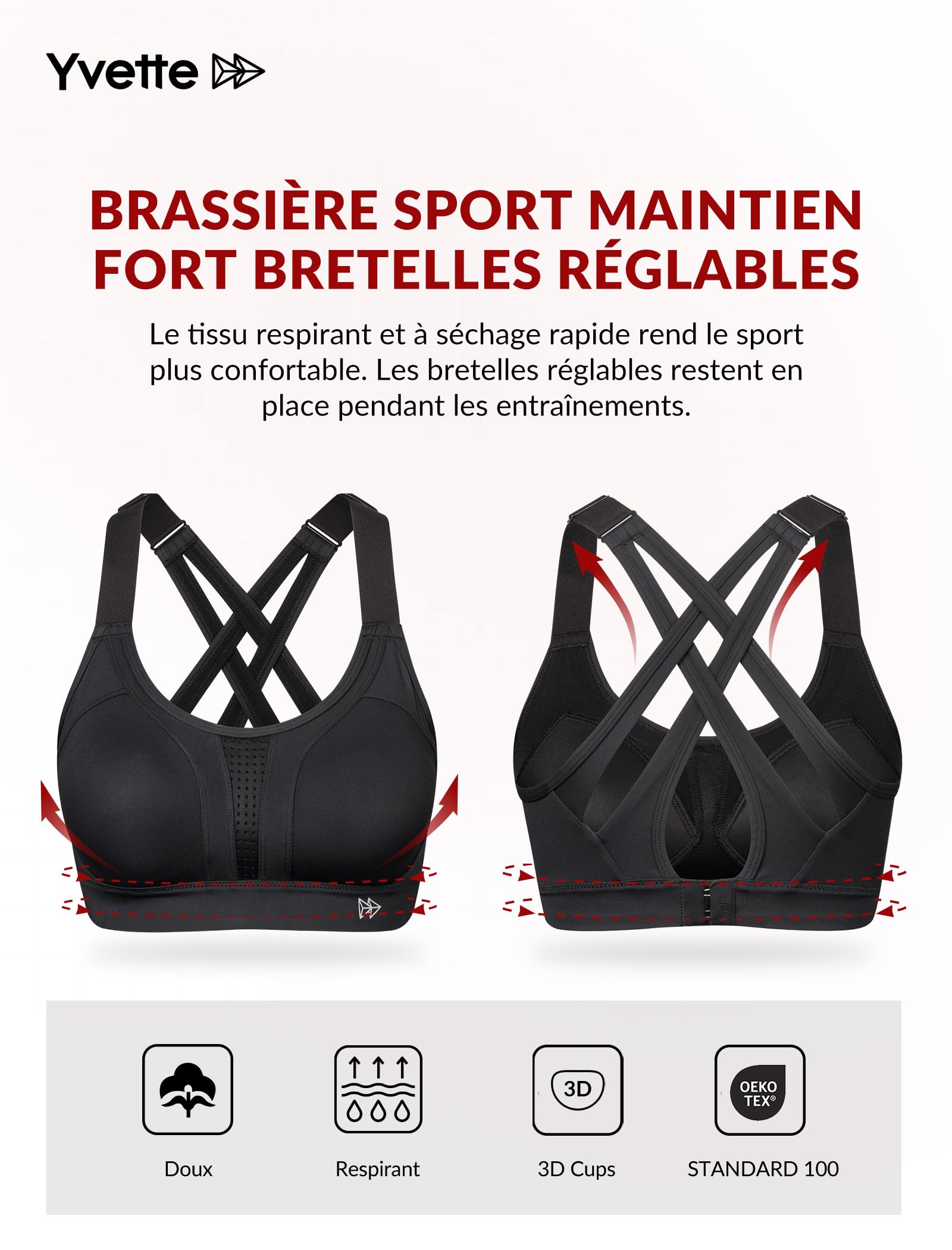 Yvette Soutien Gorge de Sport Femmes Bretelles Réglables Bretelles Réglables Dos Croisées sans Armature Maintien Fort Grande Taille Course Fitness Gym