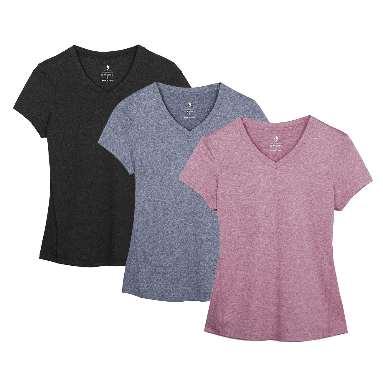 icyzone T-Shirts de Sport Femme à Manche Courtes Tops et Col en V Fitness Yoga Tee Shirt, Lot de 3 - fitnessterapy