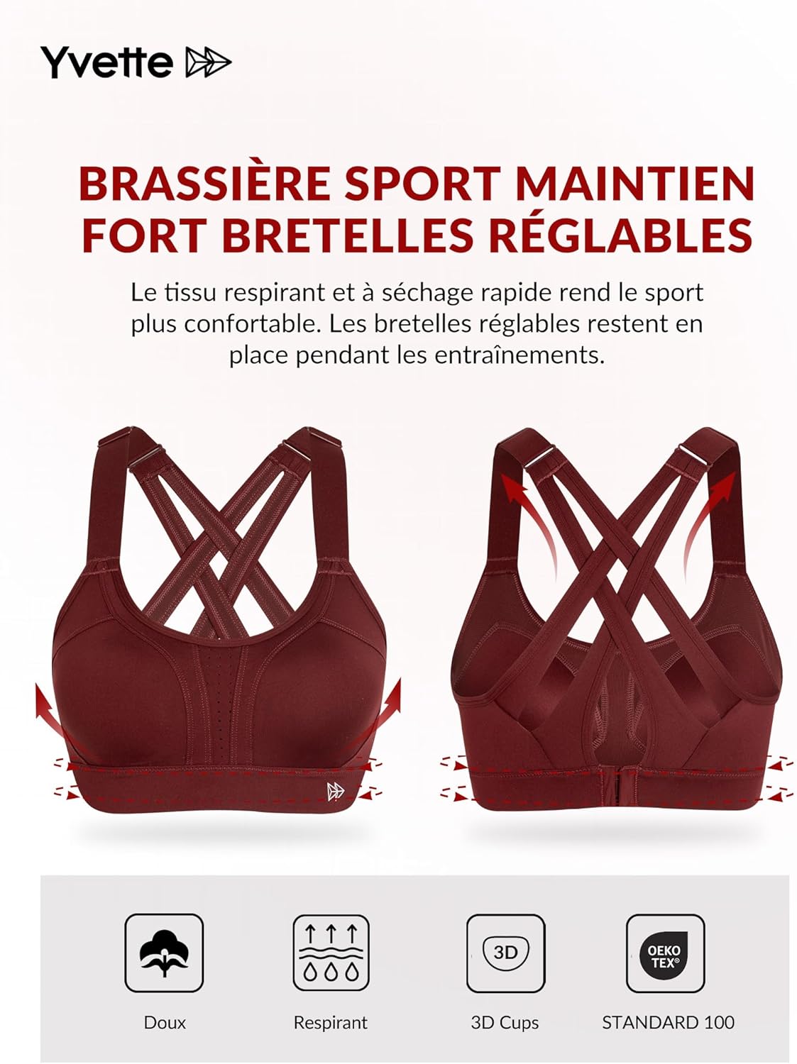 Yvette Soutien Gorge de Sport Femmes Bretelles Réglables Bretelles Réglables Dos Croisées sans Armature Maintien Fort Grande Taille Course Fitness Gym