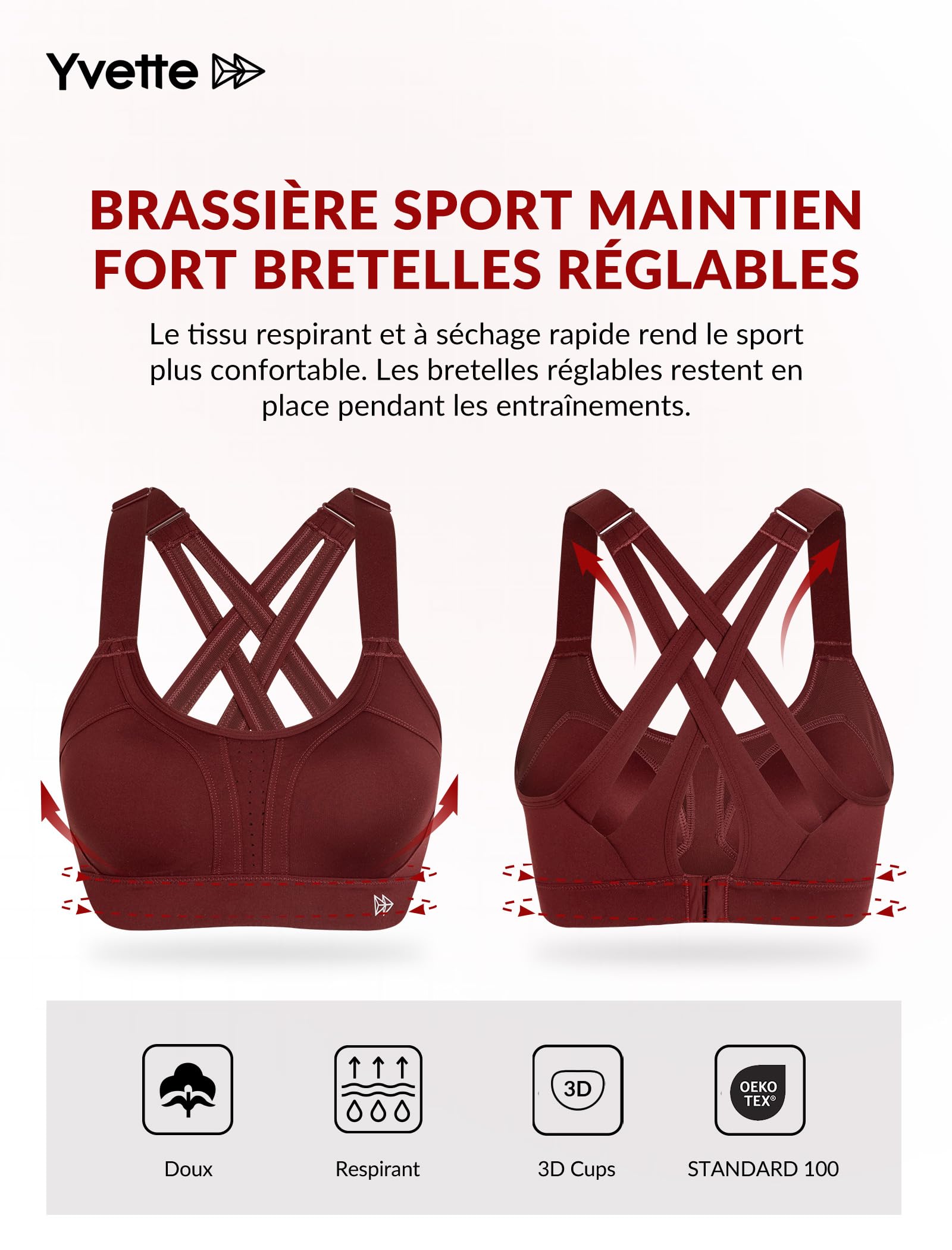 Yvette Soutien Gorge de Sport Femmes Bretelles Réglables Bretelles Réglables Dos Croisées sans Armature Maintien Fort Grande Taille Course Fitness Gym