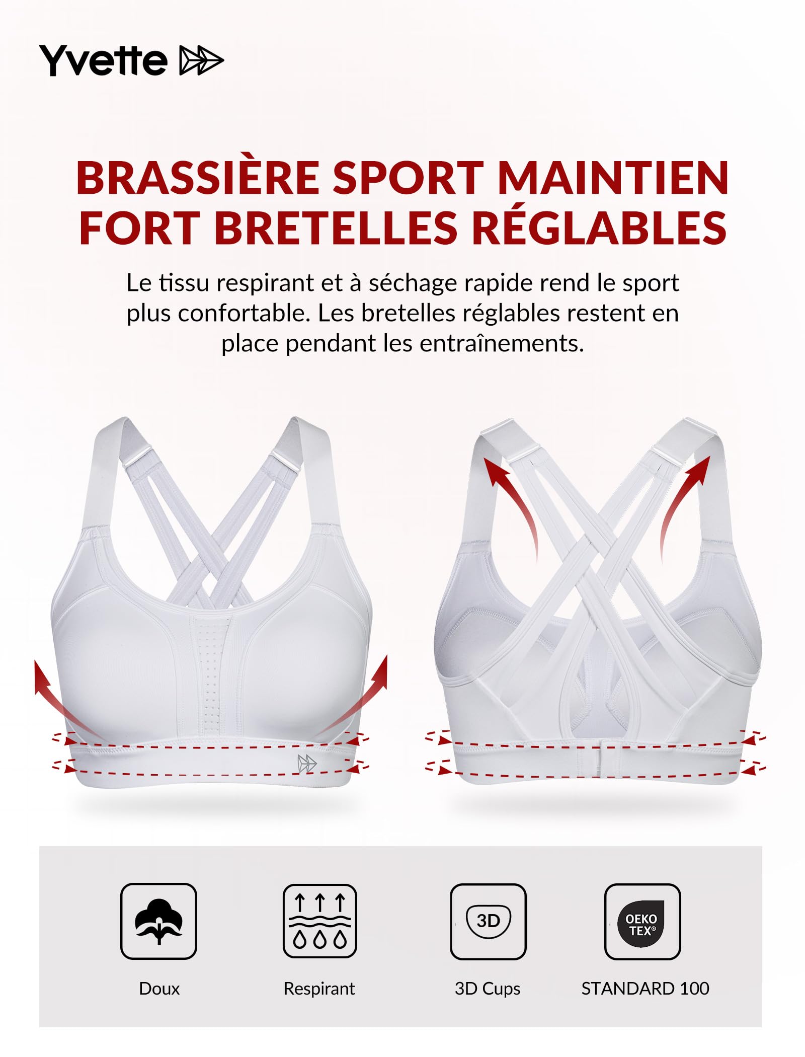 Yvette Soutien Gorge de Sport Femmes Bretelles Réglables Bretelles Réglables Dos Croisées sans Armature Maintien Fort Grande Taille Course Fitness Gym