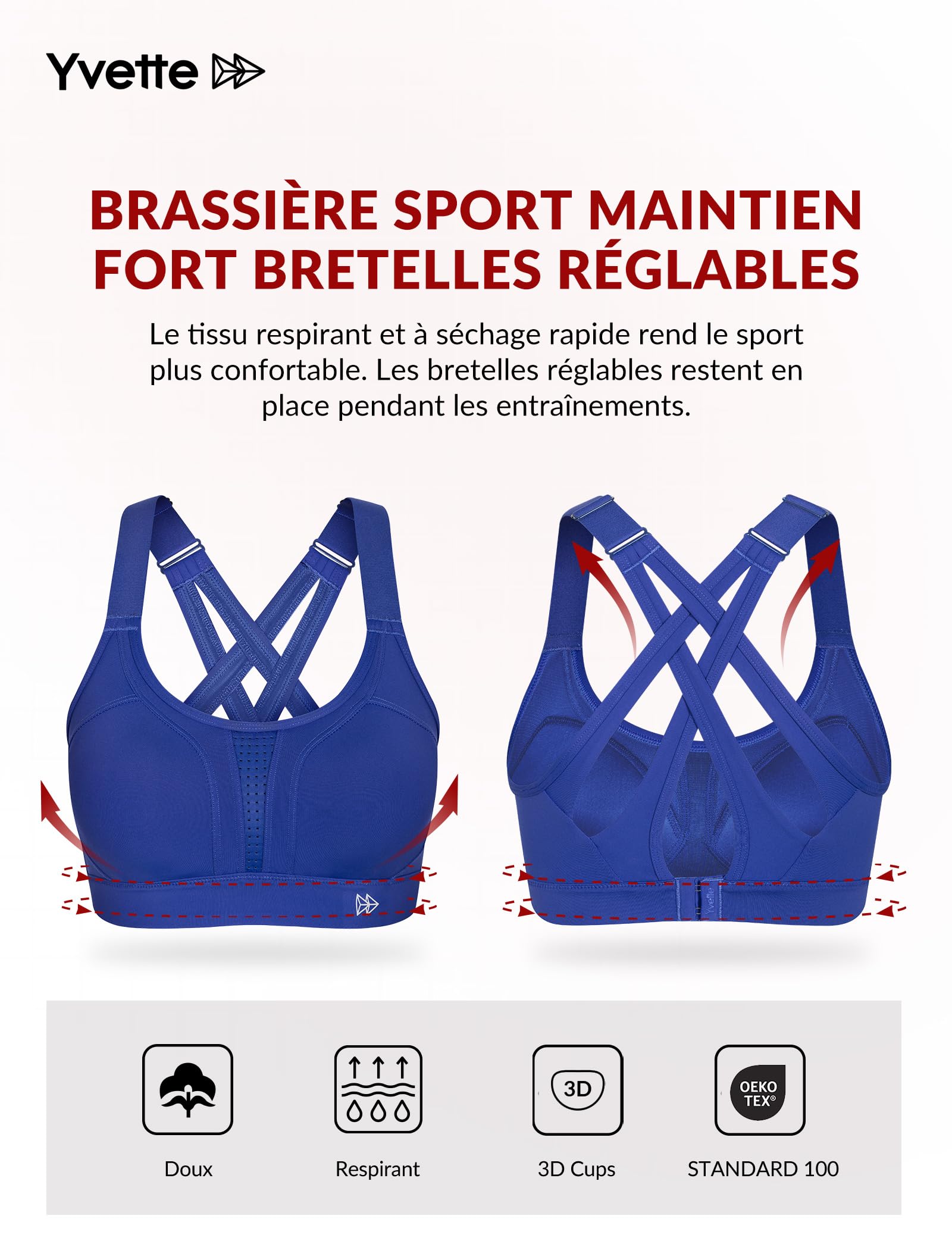 Yvette Soutien Gorge de Sport Femmes Bretelles Réglables Bretelles Réglables Dos Croisées sans Armature Maintien Fort Grande Taille Course Fitness Gym