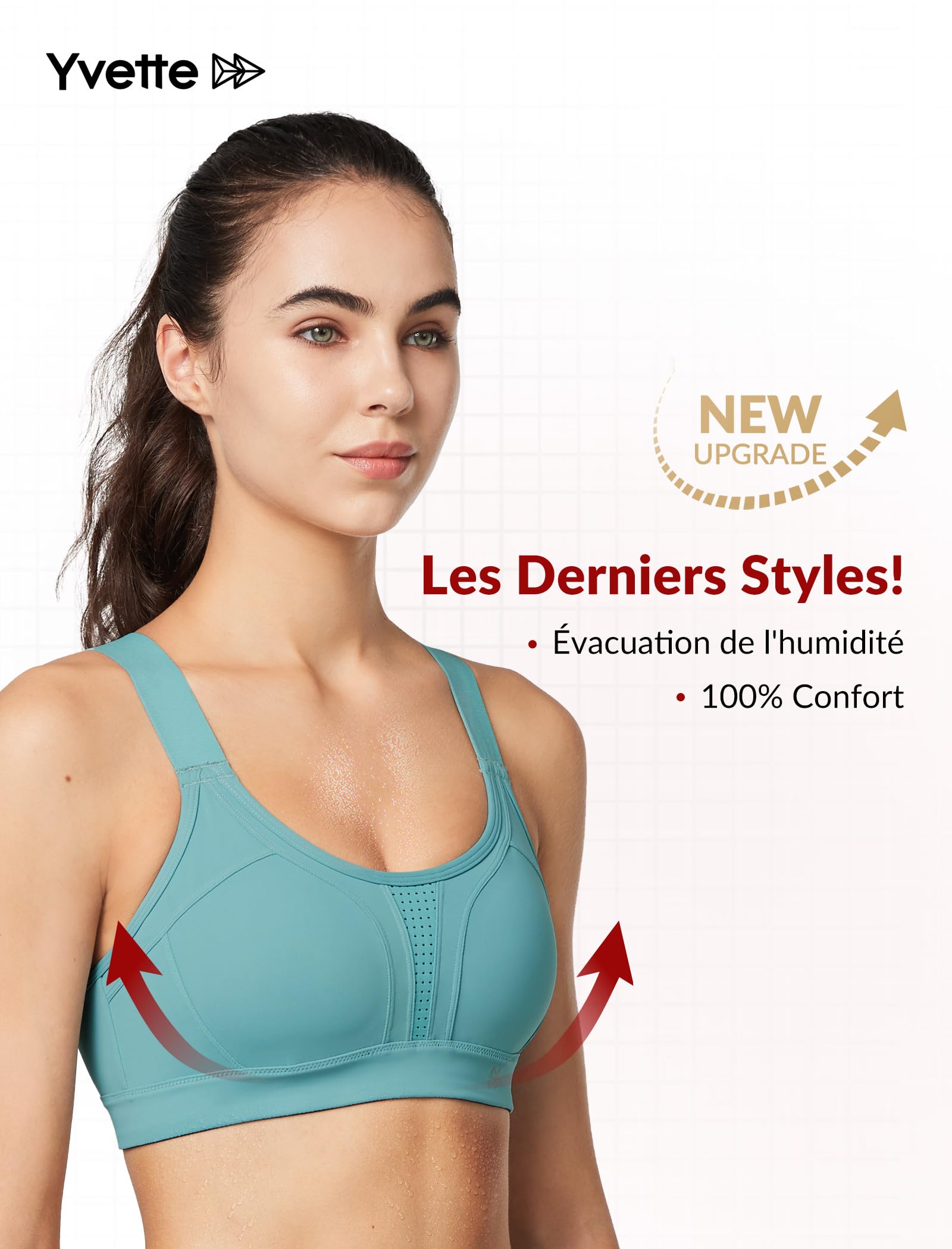 Yvette Soutien Gorge de Sport Femmes Bretelles Réglables Bretelles Réglables Dos Croisées sans Armature Maintien Fort Grande Taille Course Fitness Gym