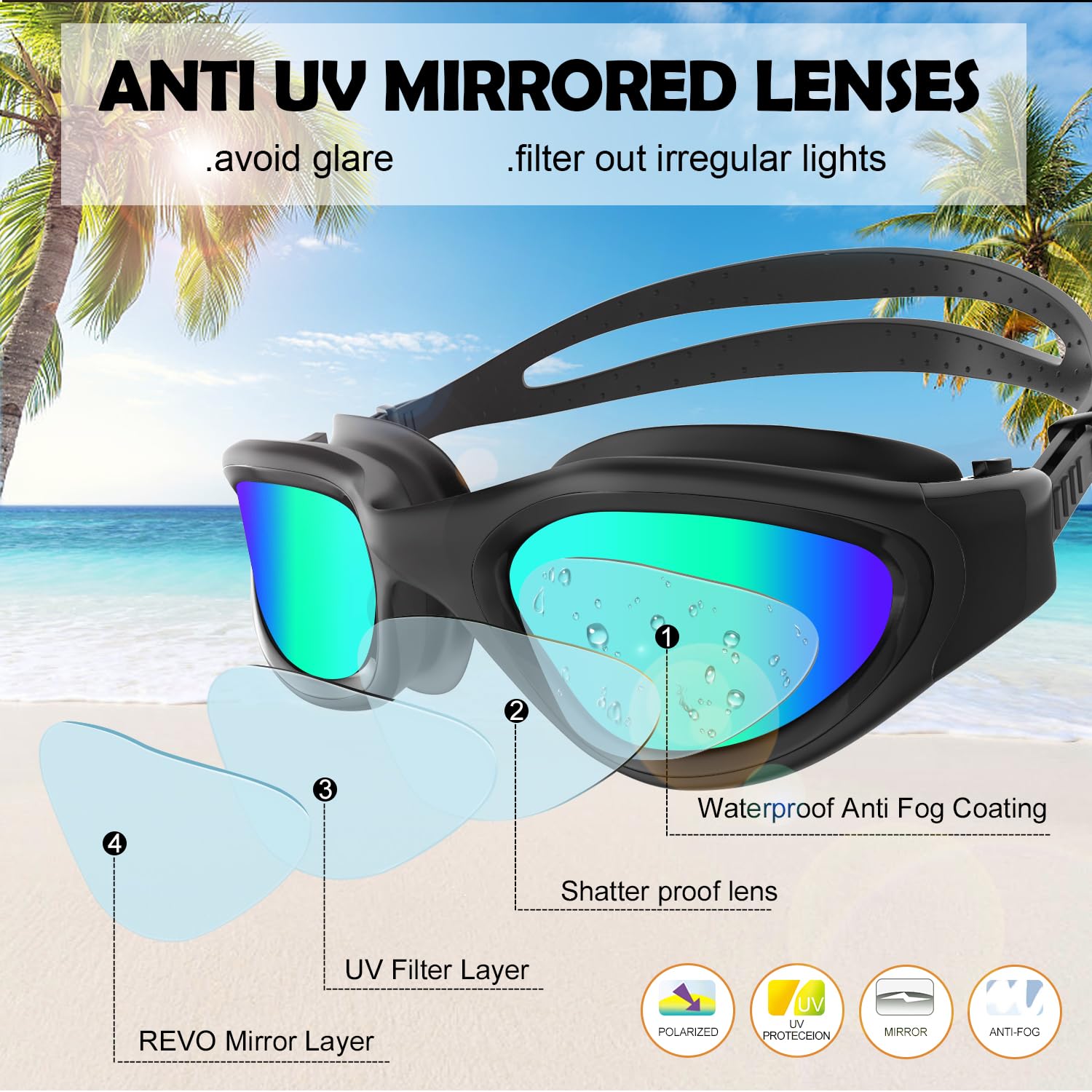 Lunettes de natation à verres polarisés Anti buée Anti UV Étanches Vision nette pour Hommes Femmes Adultes Adolescents