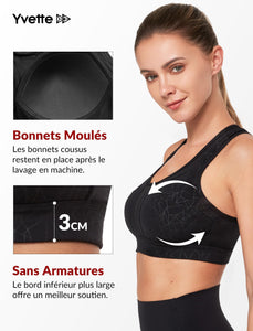 Yvette Soutien Gorge de Sport Femmes Bretelles Réglables Bretelles Réglables Dos Croisées sans Armature Maintien Fort Grande Taille Course Fitness Gym