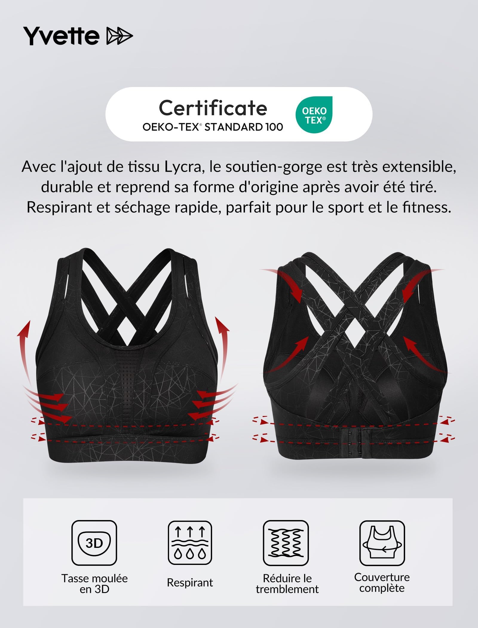 Yvette Soutien Gorge de Sport Femmes Bretelles Réglables Bretelles Réglables Dos Croisées sans Armature Maintien Fort Grande Taille Course Fitness Gym