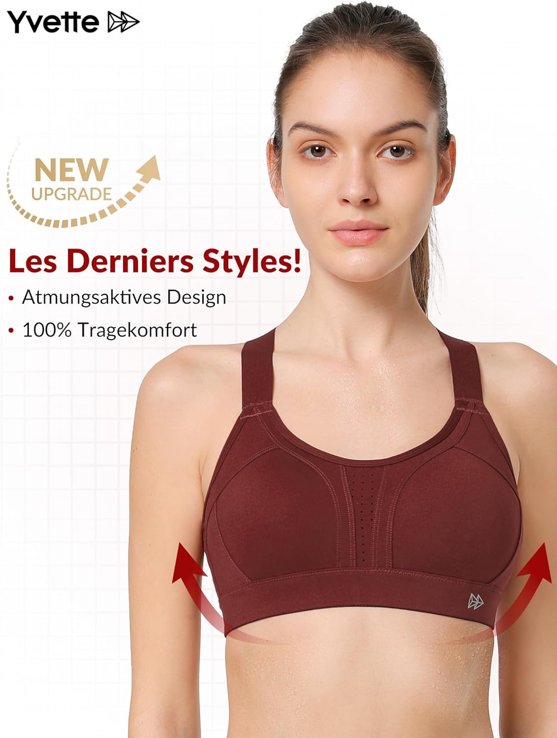 Yvette Soutien Gorge de Sport Femmes Bretelles Réglables Bretelles Réglables Dos Croisées sans Armature Maintien Fort Grande Taille Course Fitness Gym