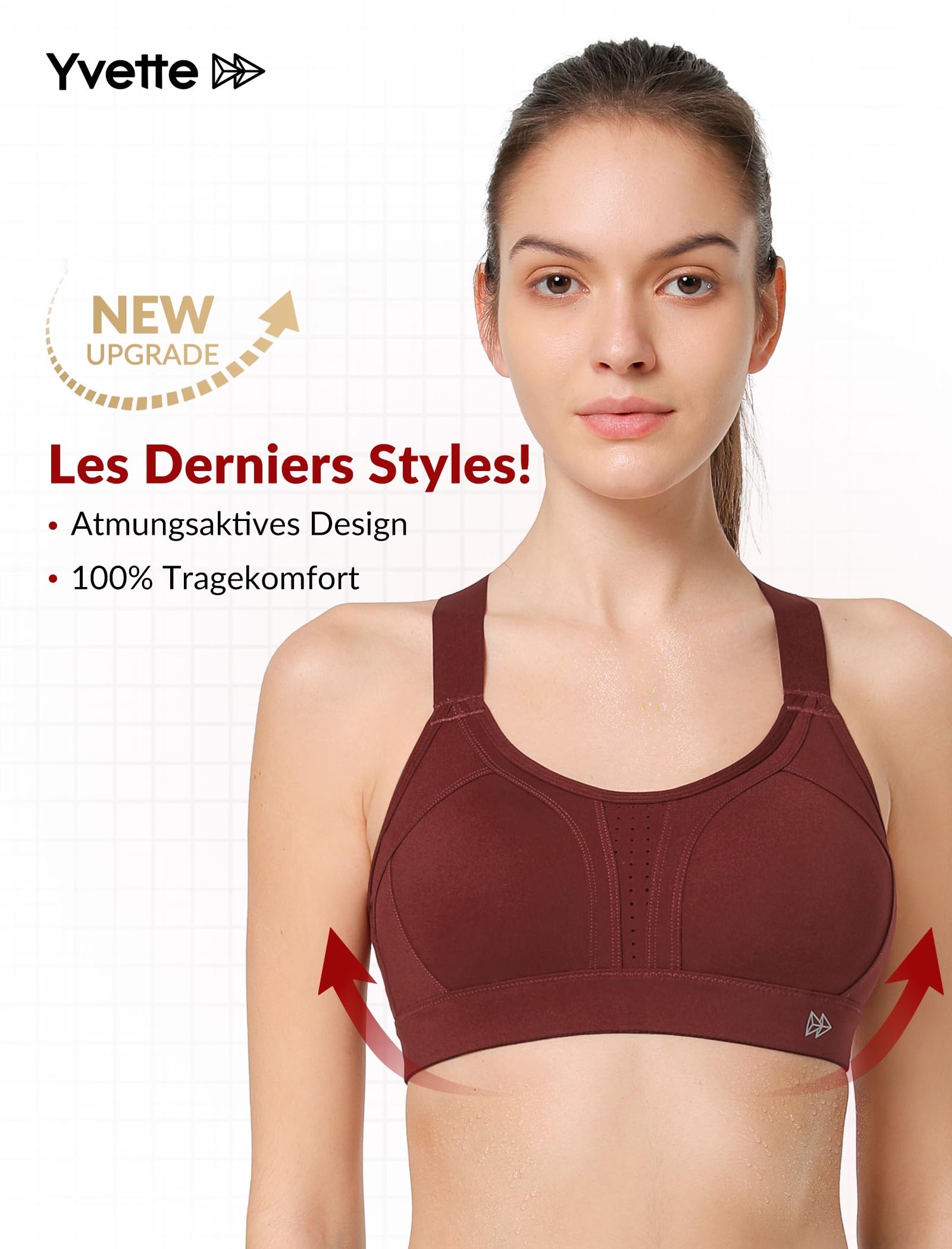 Yvette Soutien Gorge de Sport Femmes Bretelles Réglables Bretelles Réglables Dos Croisées sans Armature Maintien Fort Grande Taille Course Fitness Gym