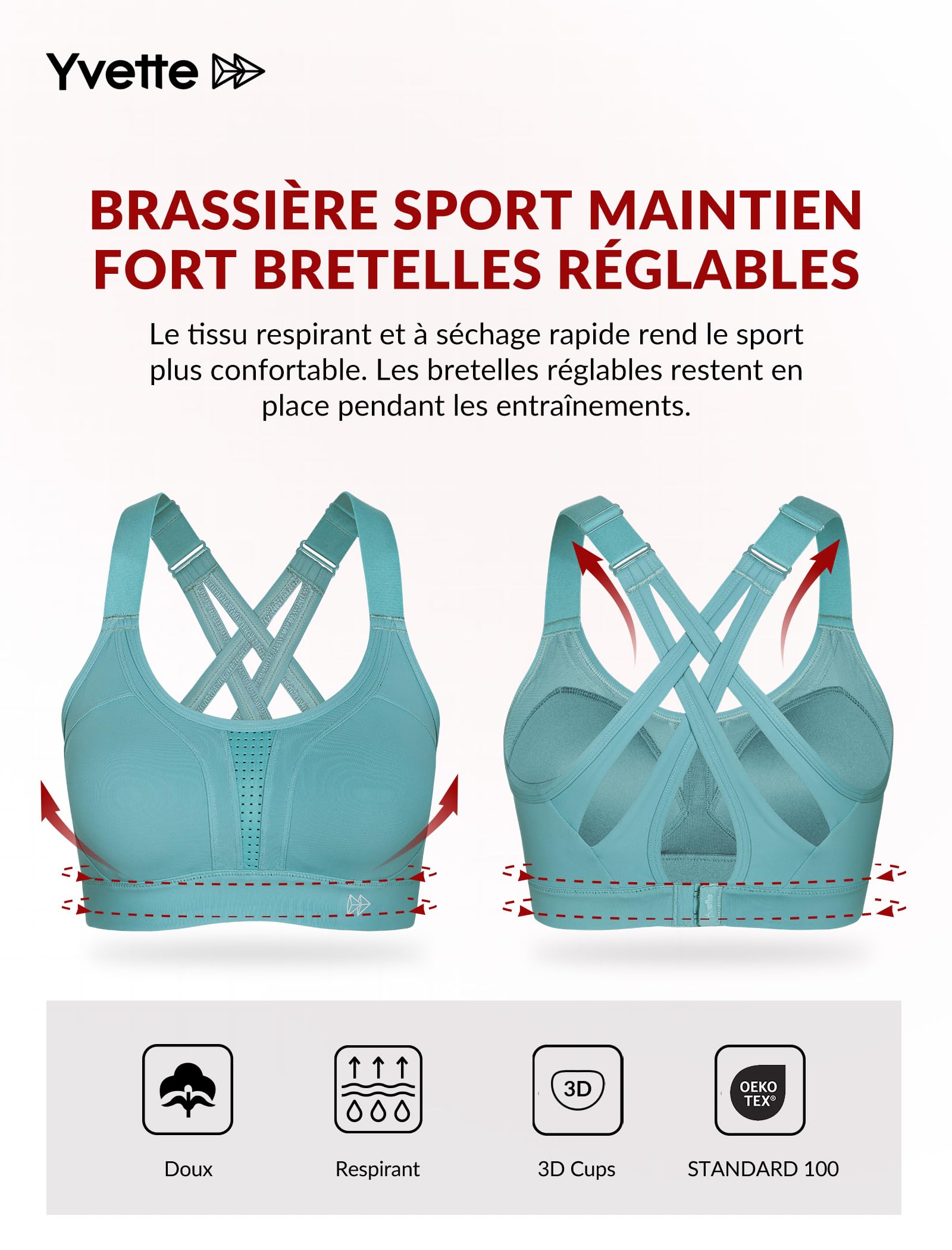 Yvette Soutien Gorge de Sport Femmes Bretelles Réglables Bretelles Réglables Dos Croisées sans Armature Maintien Fort Grande Taille Course Fitness Gym