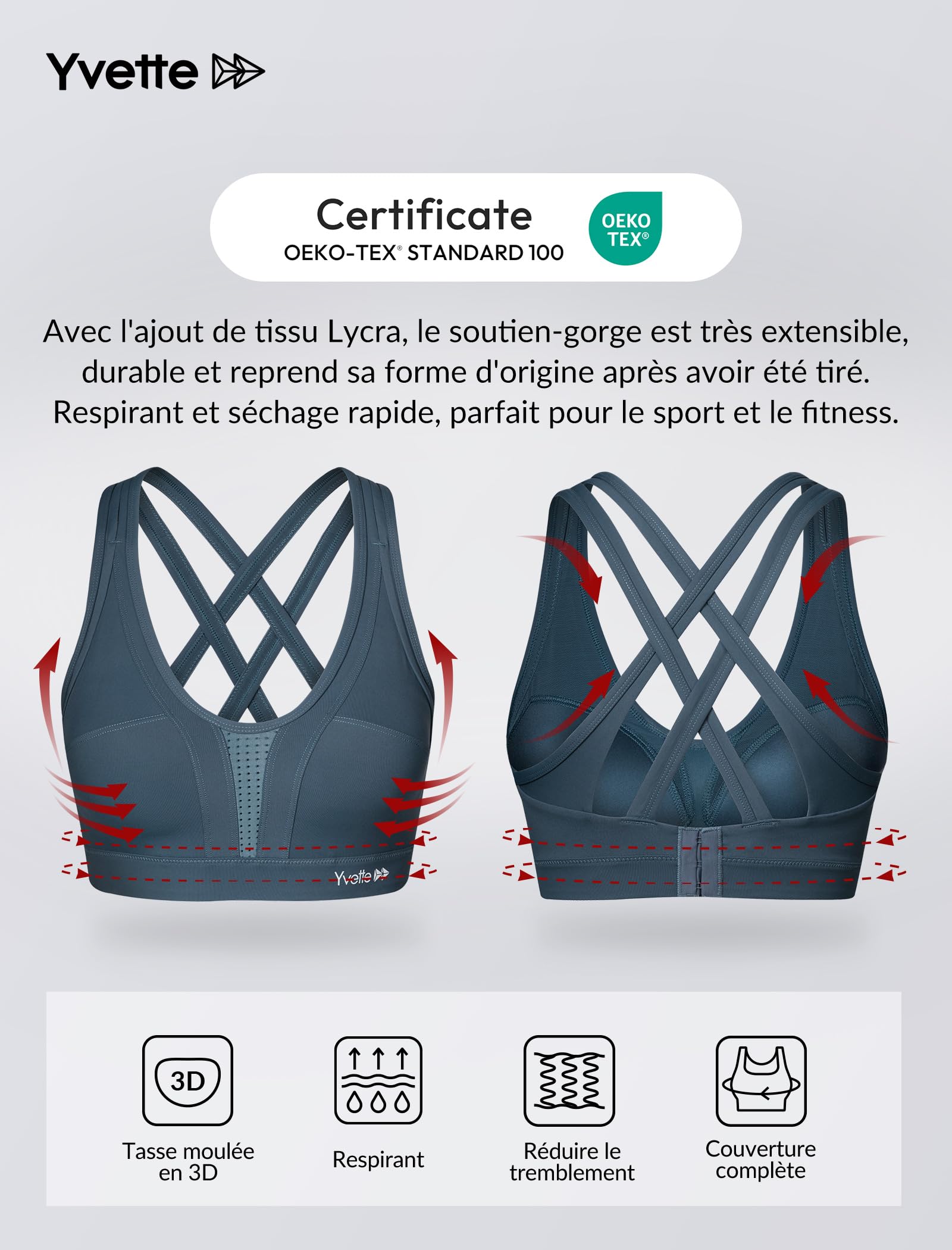 Yvette Soutien Gorge de Sport Femmes Bretelles Réglables Bretelles Réglables Dos Croisées sans Armature Maintien Fort Grande Taille Course Fitness Gym