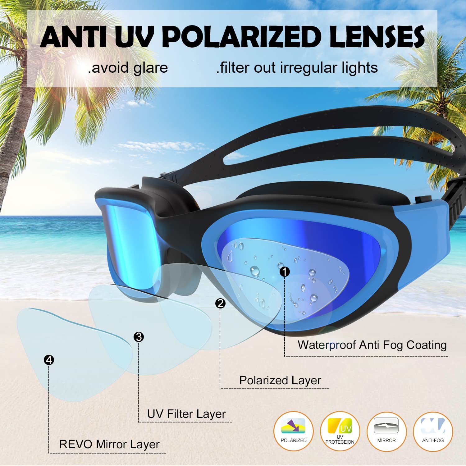 Lunettes de natation à verres polarisés Anti buée Anti UV Étanches Vision nette pour Hommes Femmes Adultes Adolescents