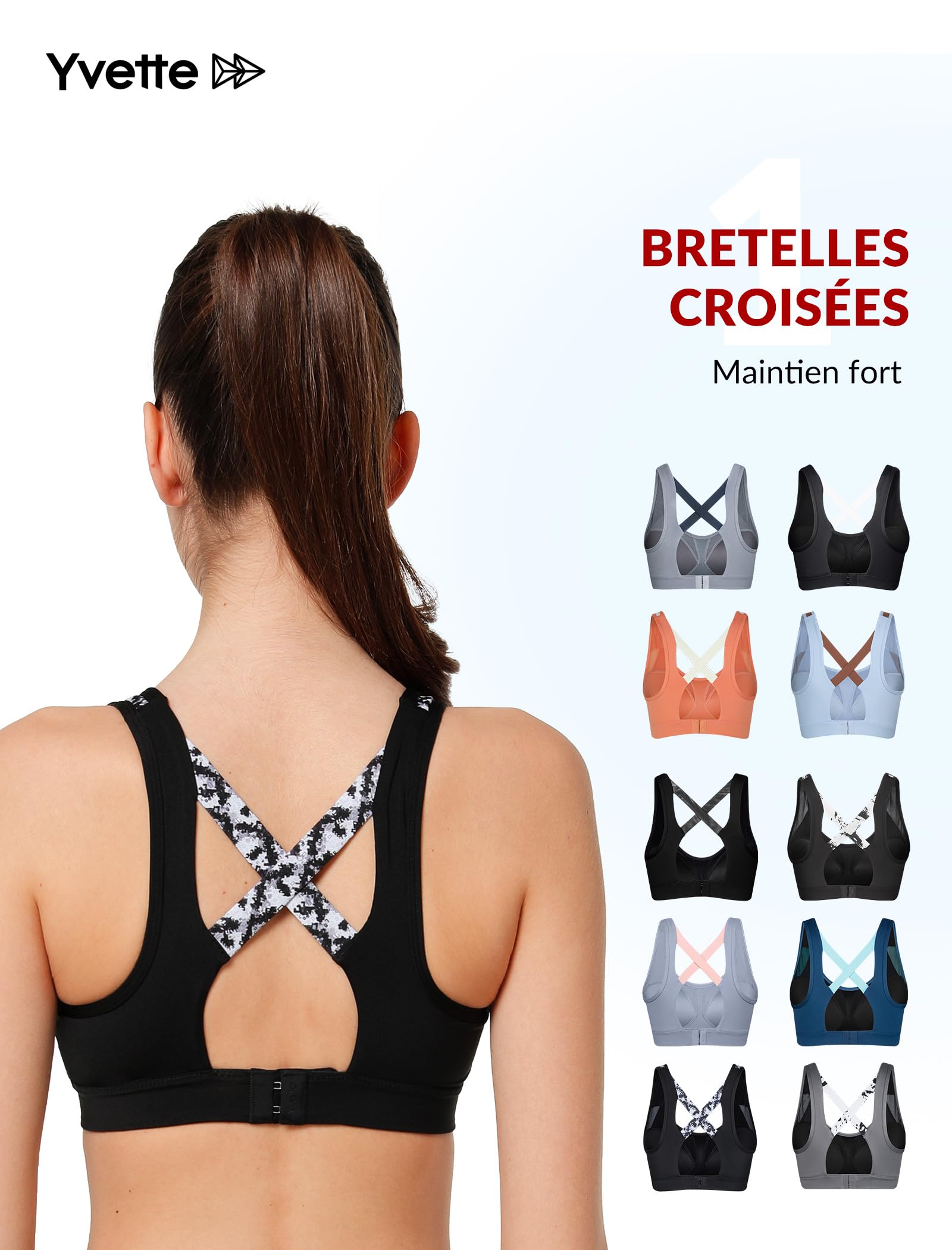 Yvette Soutien Gorge de Sport Femme Dos Croisé Maintien Élevé Grande Taille Brassière sans Armature avec Coussinets Course Tennis Fitness - fitnessterapy