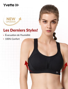 Yvette Soutien Gorge de Sport Femmes Bretelles Réglables Bretelles Réglables Dos Croisées sans Armature Maintien Fort Grande Taille Course Fitness Gym