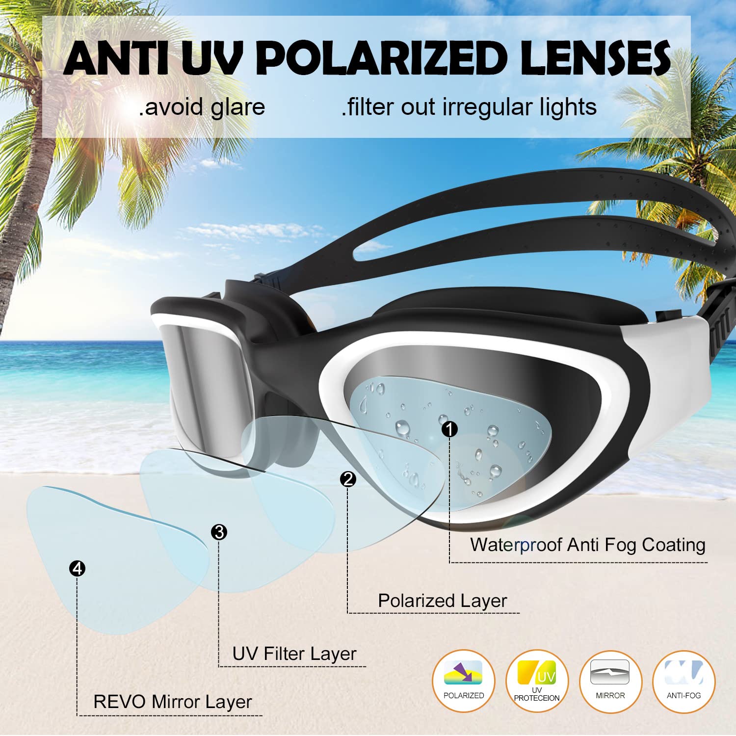 Lunettes de natation à verres polarisés Anti buée Anti UV Étanches Vision nette pour Hommes Femmes Adultes Adolescents