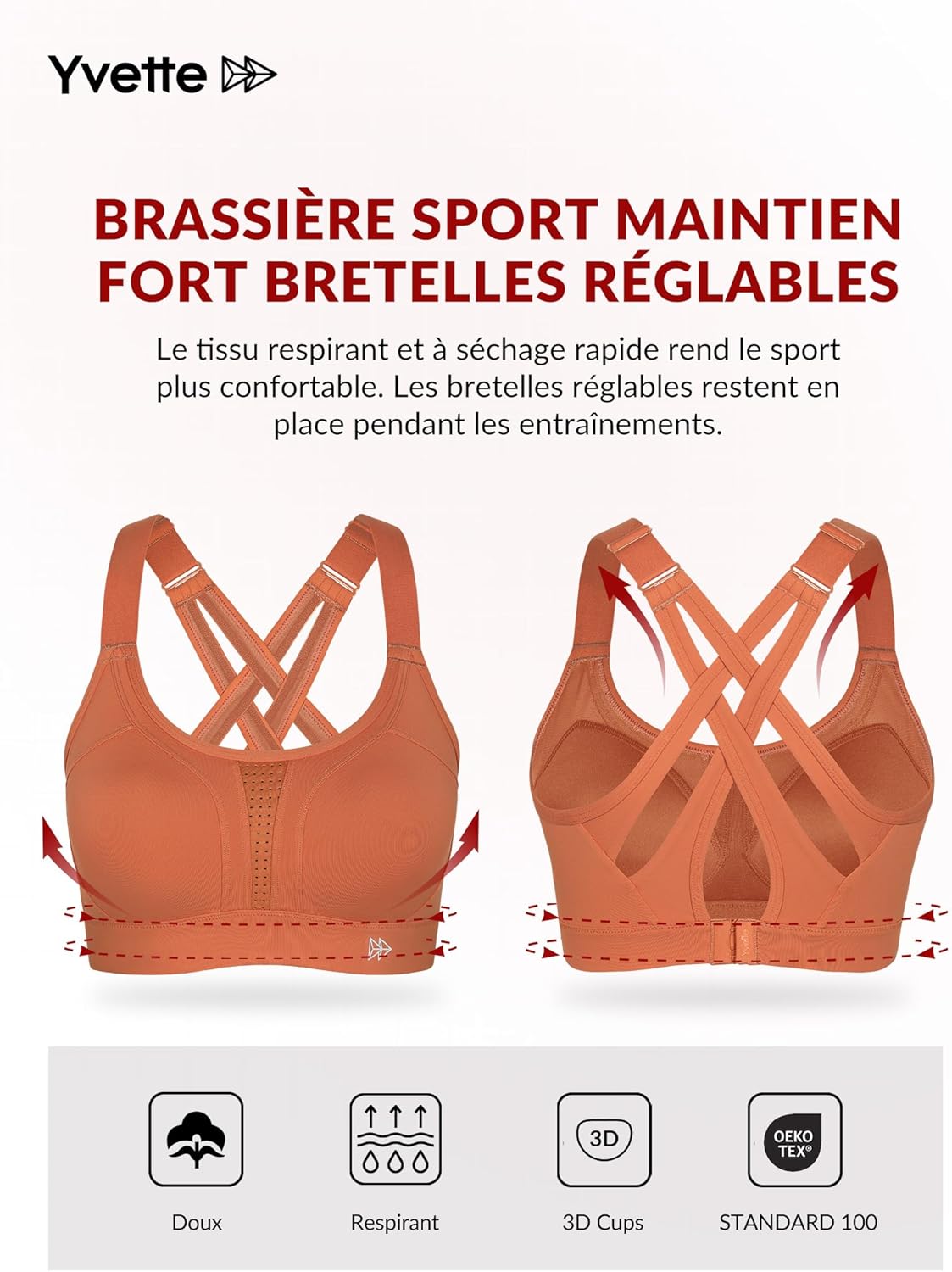 Yvette Soutien Gorge de Sport Femmes Bretelles Réglables Bretelles Réglables Dos Croisées sans Armature Maintien Fort Grande Taille Course Fitness Gym