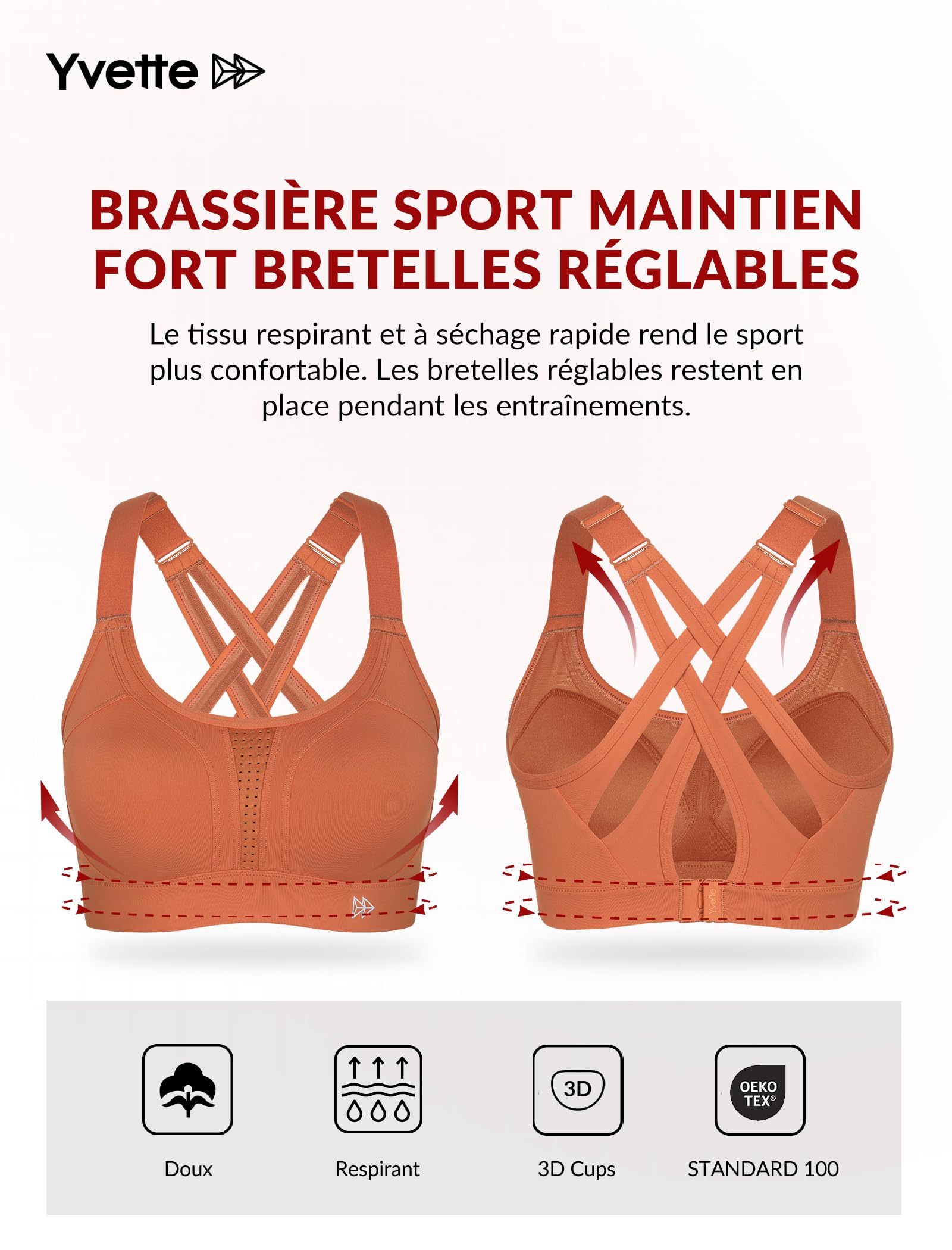 Yvette Soutien Gorge de Sport Femmes Bretelles Réglables Bretelles Réglables Dos Croisées sans Armature Maintien Fort Grande Taille Course Fitness Gym