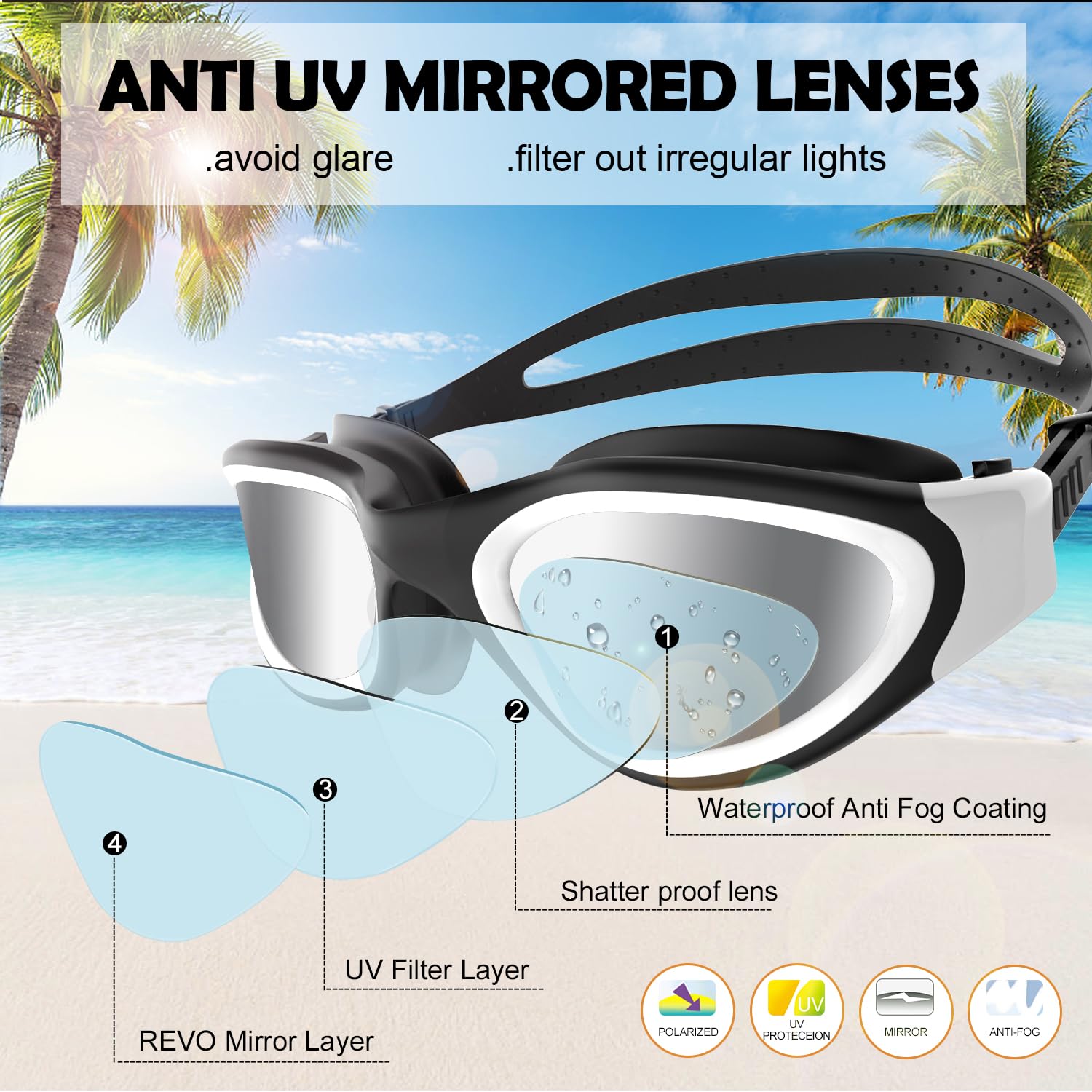 Lunettes de natation à verres polarisés Anti buée Anti UV Étanches Vision nette pour Hommes Femmes Adultes Adolescents