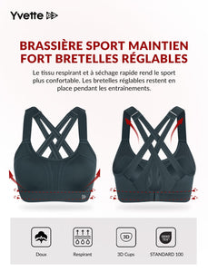 Yvette Soutien Gorge de Sport Femmes Bretelles Réglables Bretelles Réglables Dos Croisées sans Armature Maintien Fort Grande Taille Course Fitness Gym