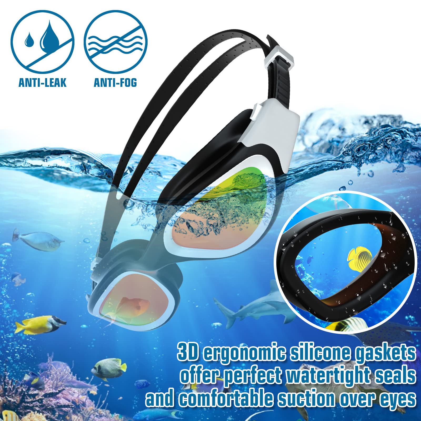 Lunettes de natation à verres polarisés Anti buée Anti UV Étanches Vision nette pour Hommes Femmes Adultes Adolescents