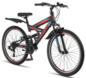 Licorne Bike VTT en V de qualité supérieure de 24 et 26 pouces - Vélo pour garçons, filles, femmes et hommes - 21 vitesses - Suspension complète