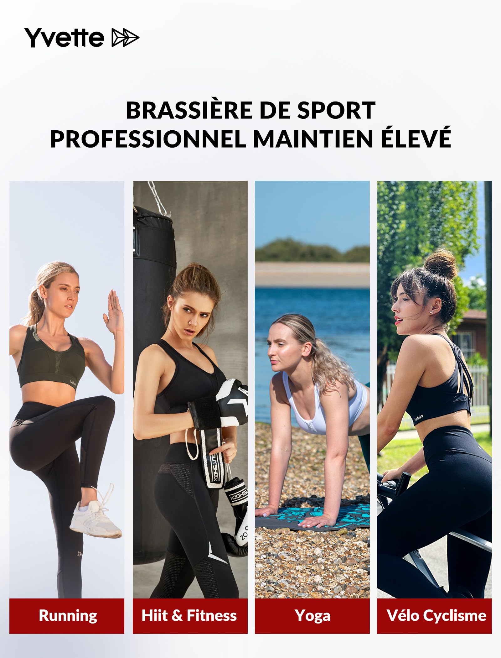 Yvette Soutien Gorge de Sport Femmes Bretelles Réglables Bretelles Réglables Dos Croisées sans Armature Maintien Fort Grande Taille Course Fitness Gym