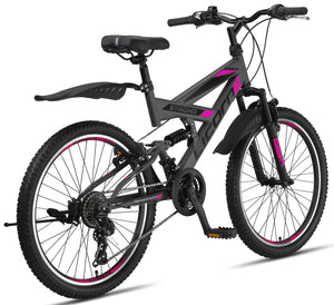 Licorne Bike VTT en V de qualité supérieure de 24 et 26 pouces - Vélo pour garçons, filles, femmes et hommes - 21 vitesses - Suspension complète