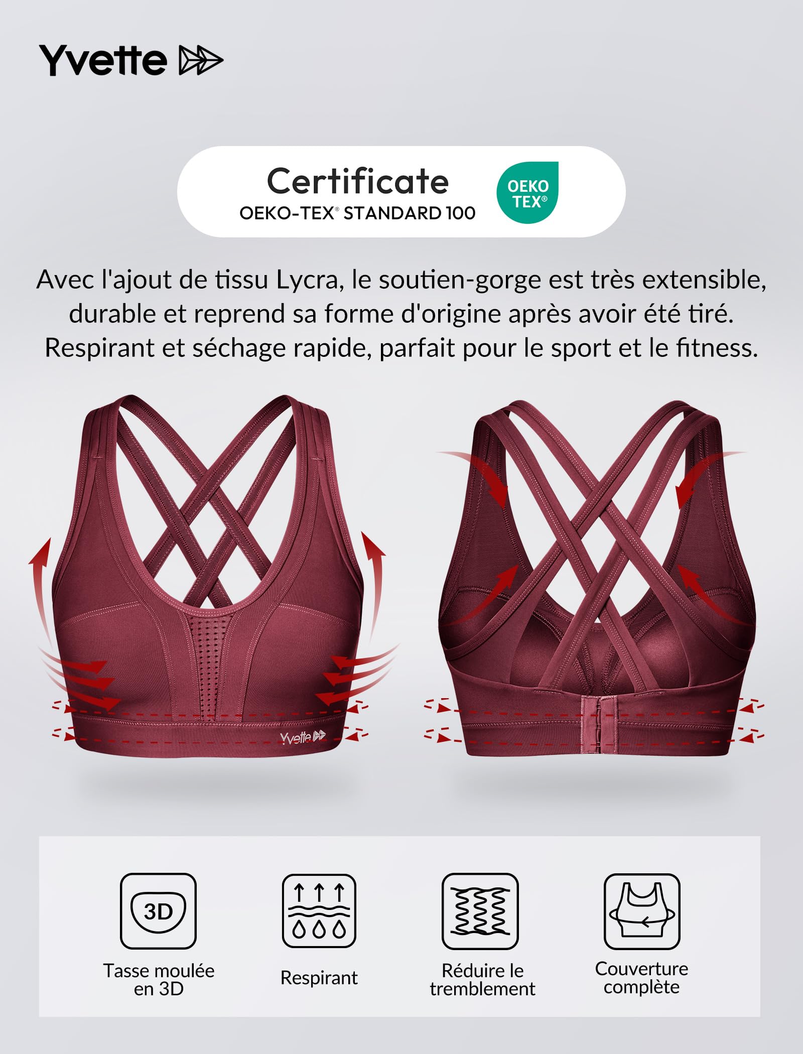 Yvette Soutien Gorge de Sport Femmes Bretelles Réglables Bretelles Réglables Dos Croisées sans Armature Maintien Fort Grande Taille Course Fitness Gym