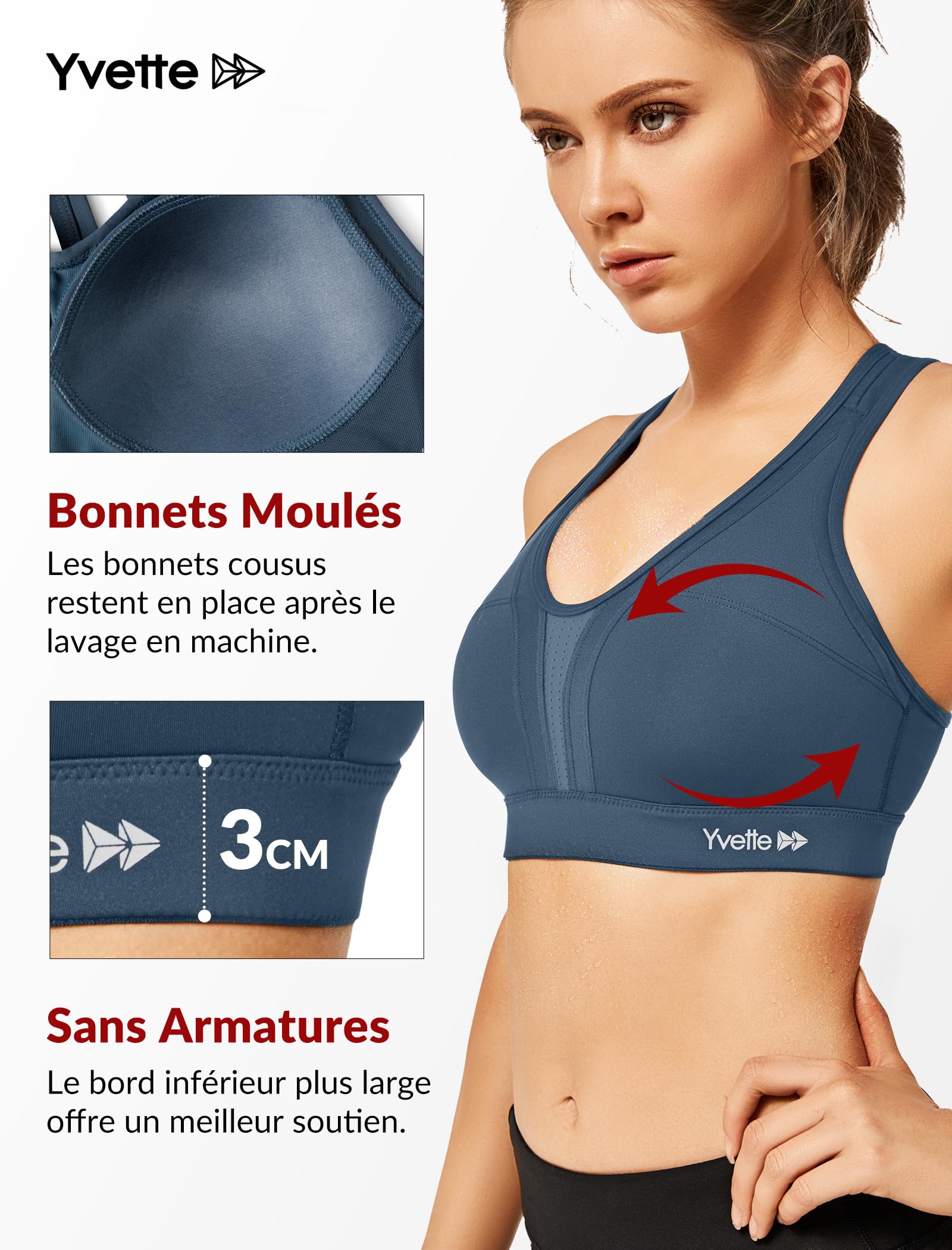 Yvette Soutien Gorge de Sport Femmes Bretelles Réglables Bretelles Réglables Dos Croisées sans Armature Maintien Fort Grande Taille Course Fitness Gym