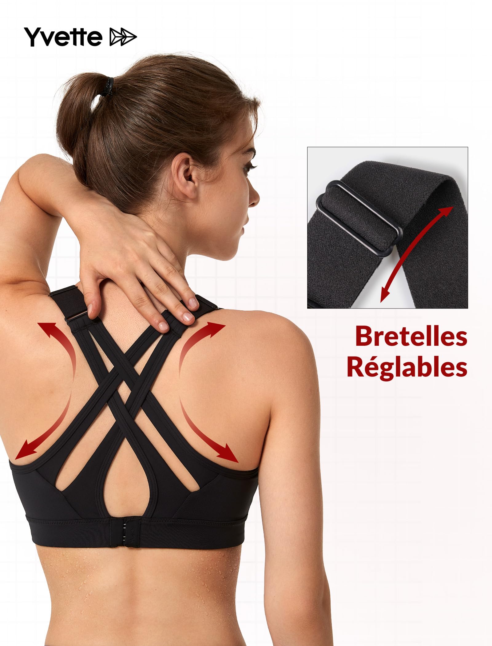 Yvette Soutien Gorge de Sport Femmes Bretelles Réglables Bretelles Réglables Dos Croisées sans Armature Maintien Fort Grande Taille Course Fitness Gym