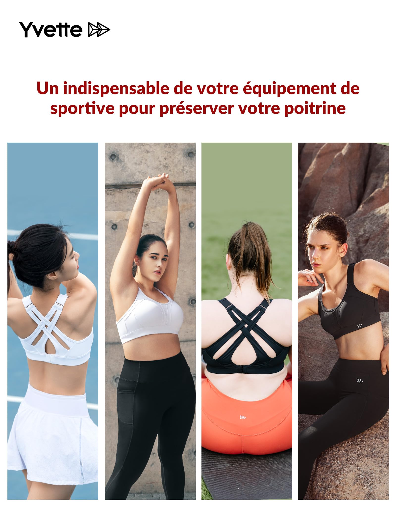 Yvette Soutien Gorge de Sport Femmes Bretelles Réglables Bretelles Réglables Dos Croisées sans Armature Maintien Fort Grande Taille Course Fitness Gym