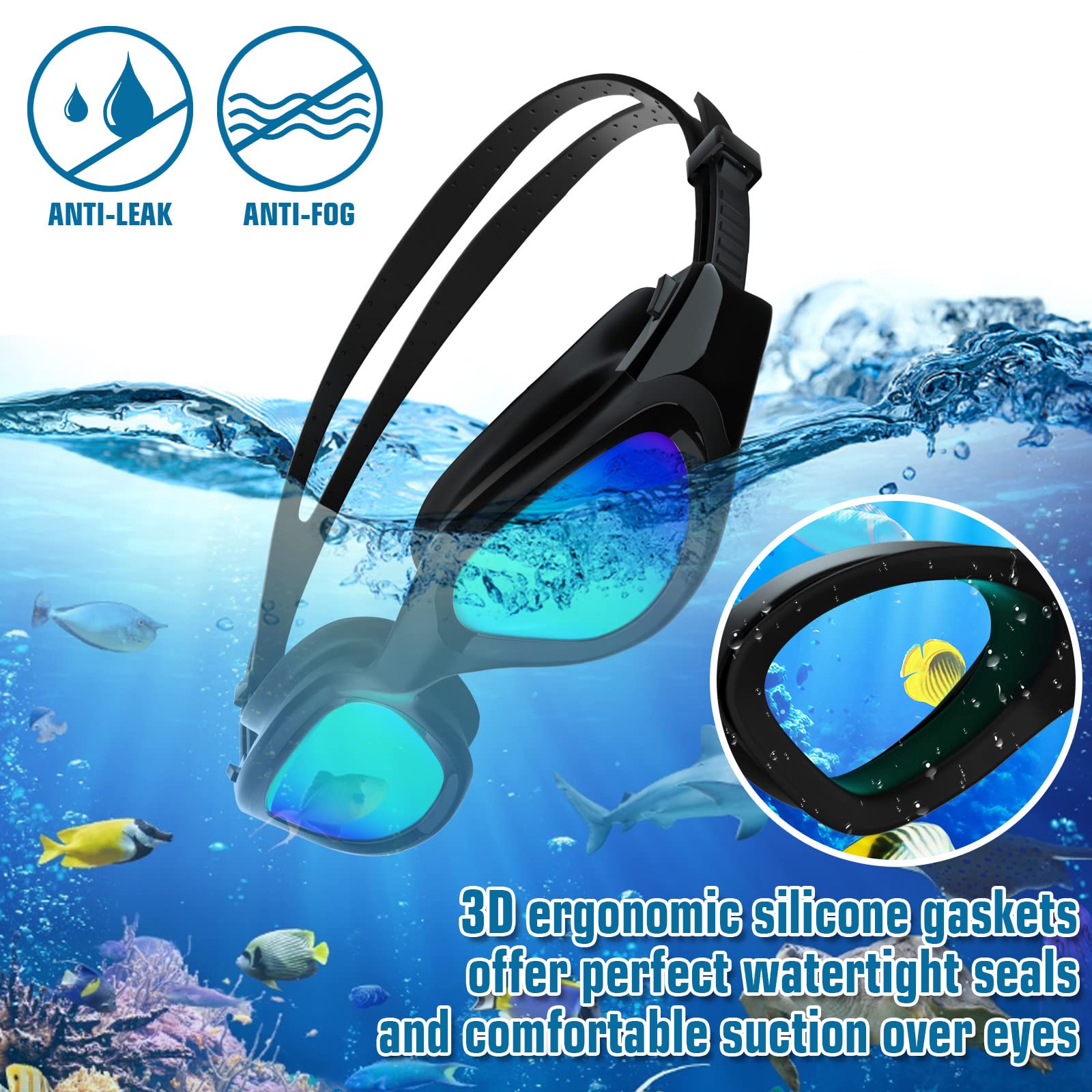 Lunettes de natation à verres polarisés Anti buée Anti UV Étanches Vision nette pour Hommes Femmes Adultes Adolescents