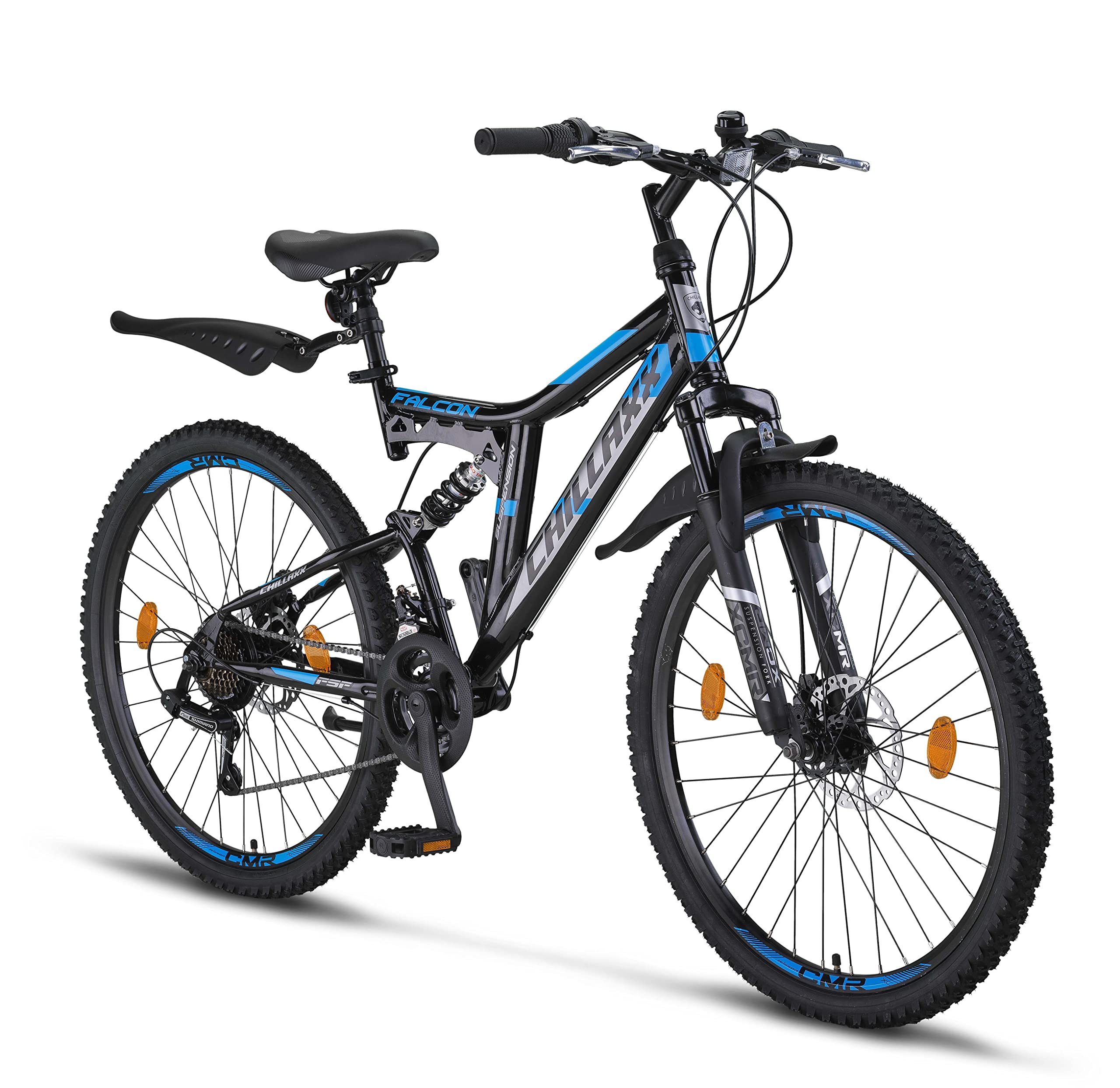 Chillaxx Falcon VTT de 24, 26, 27,5 et 29″, pour garçons, filles, femmes et hommes, frein à disque, dérailleur à 21 vitesses, suspension complète - fitnessterapy