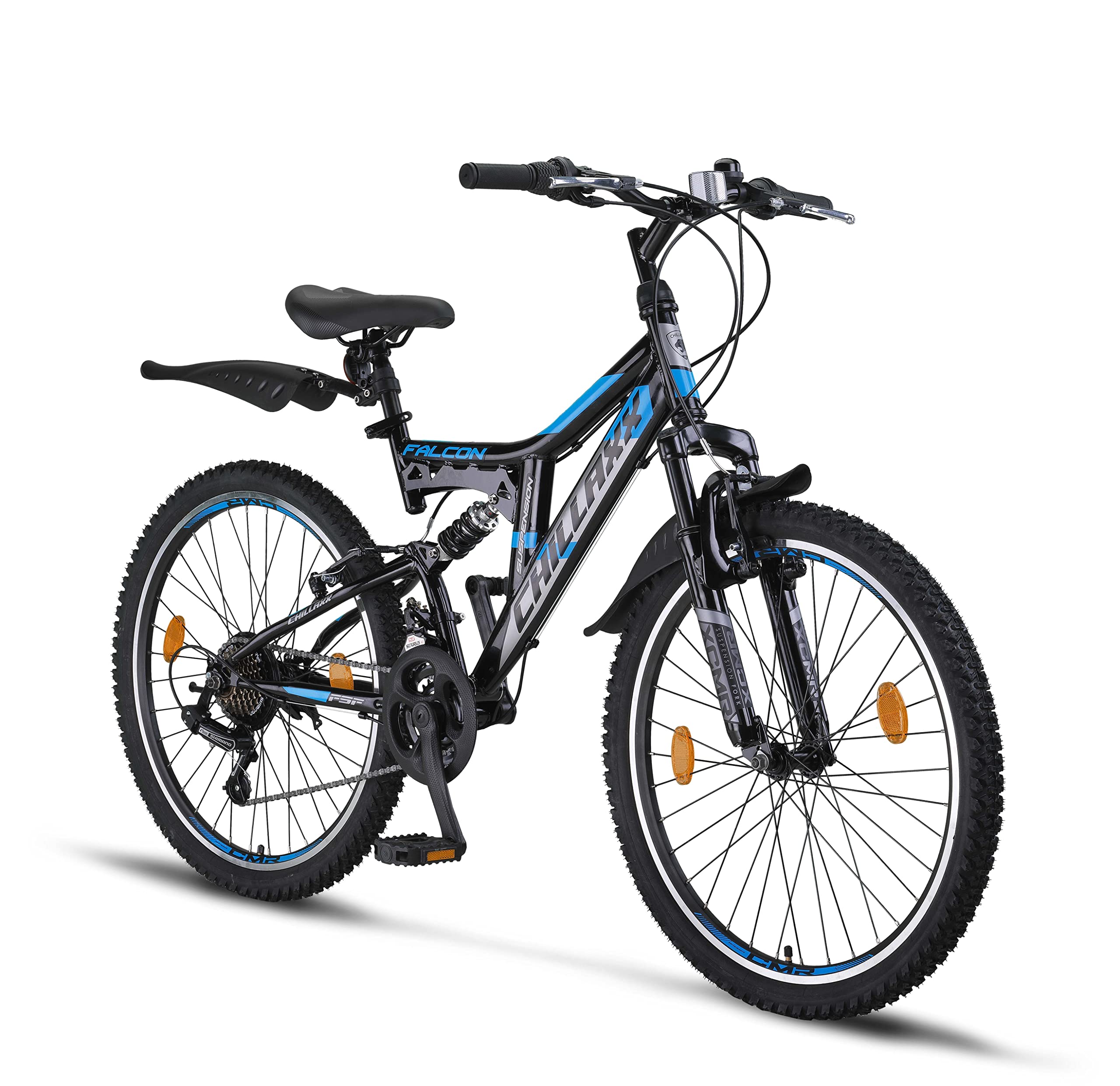 Chillaxx Falcon VTT de 24, 26, 27,5 et 29″, pour garçons, filles, femmes et hommes, frein à disque, dérailleur à 21 vitesses, suspension complète - fitnessterapy