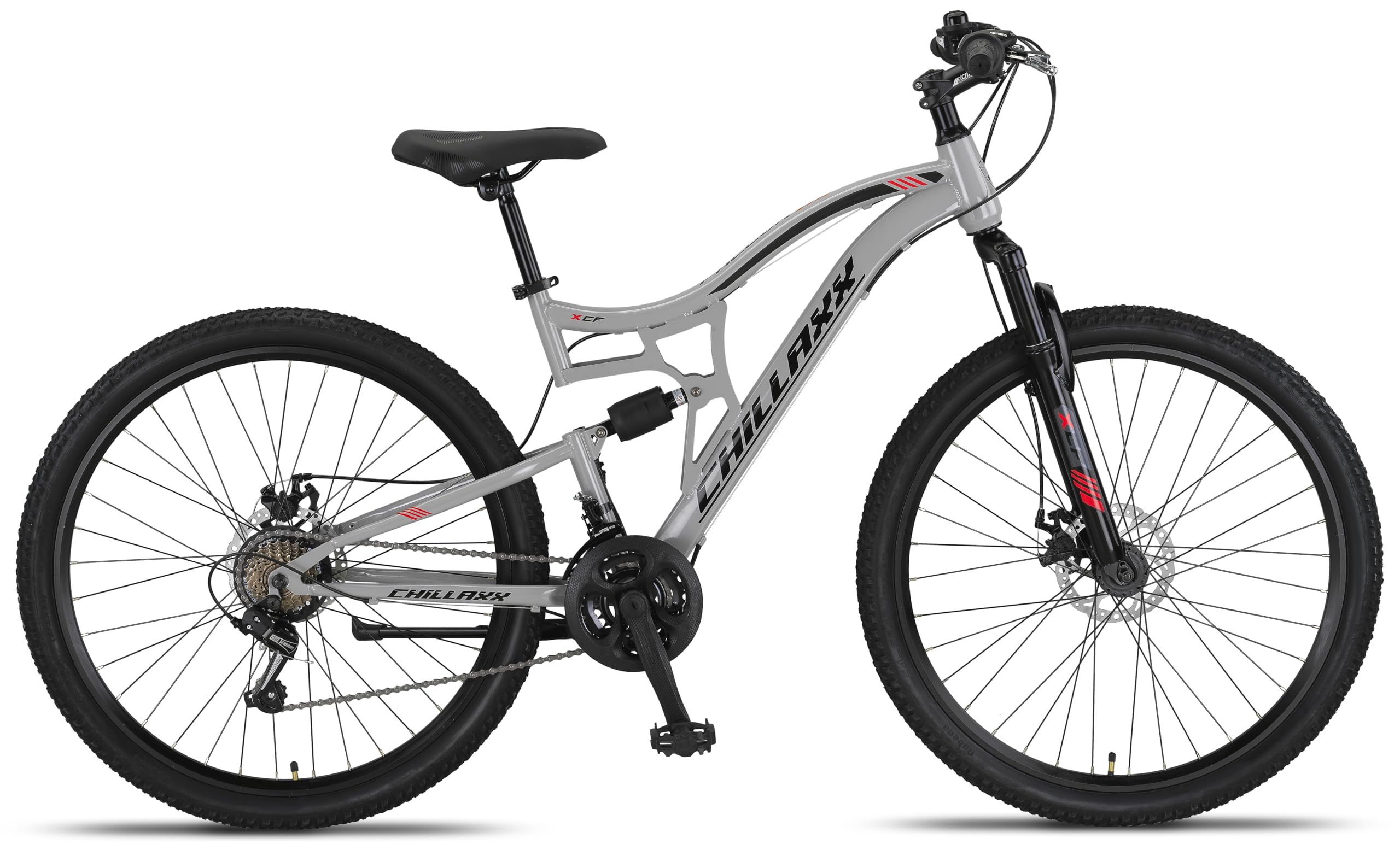 Chillaxx Falcon VTT de 24, 26, 27,5 et 29″, pour garçons, filles, femmes et hommes, frein à disque, dérailleur à 21 vitesses, suspension complète - fitnessterapy