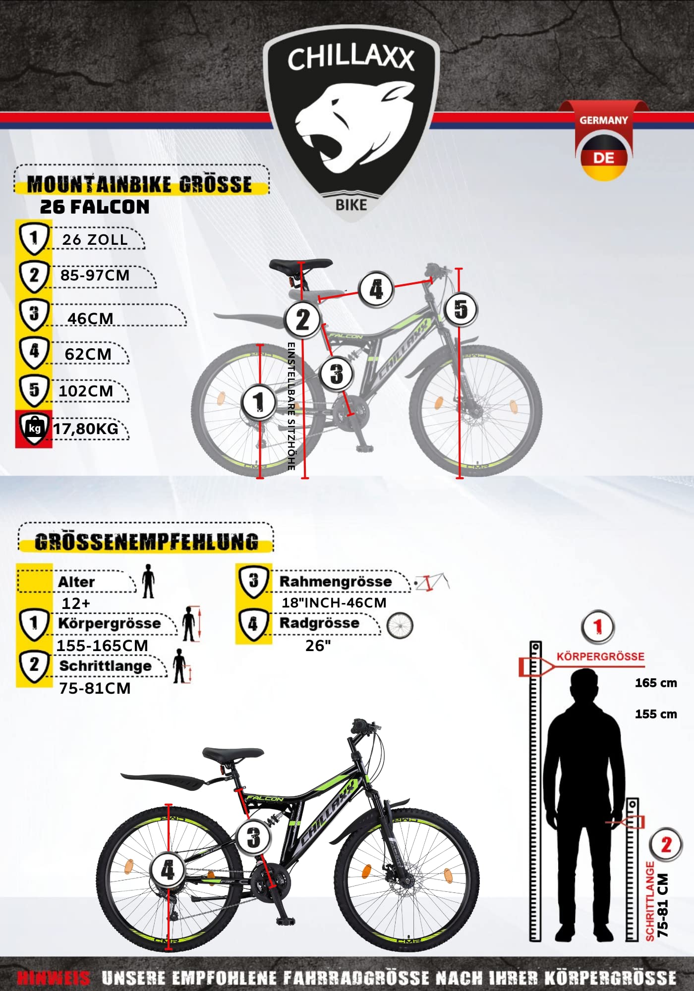 Chillaxx Falcon VTT de 24, 26, 27,5 et 29″, pour garçons, filles, femmes et hommes, frein à disque, dérailleur à 21 vitesses, suspension complète - fitnessterapy