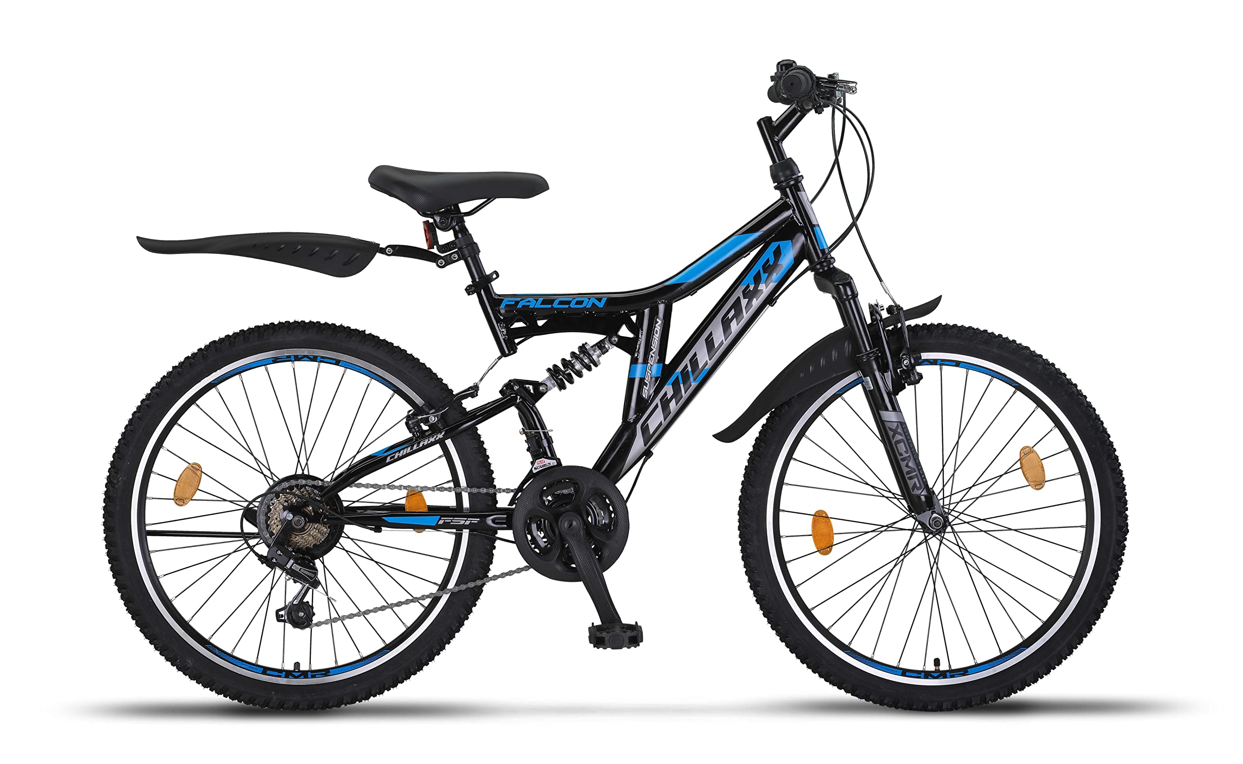 Chillaxx Falcon VTT de 24, 26, 27,5 et 29″, pour garçons, filles, femmes et hommes, frein à disque, dérailleur à 21 vitesses, suspension complète - fitnessterapy