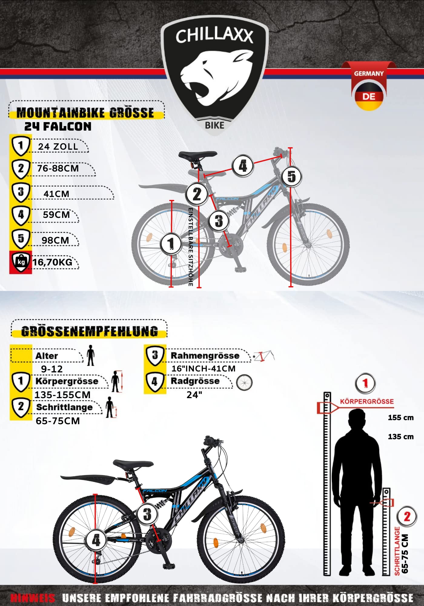 Chillaxx Falcon VTT de 24, 26, 27,5 et 29″, pour garçons, filles, femmes et hommes, frein à disque, dérailleur à 21 vitesses, suspension complète - fitnessterapy