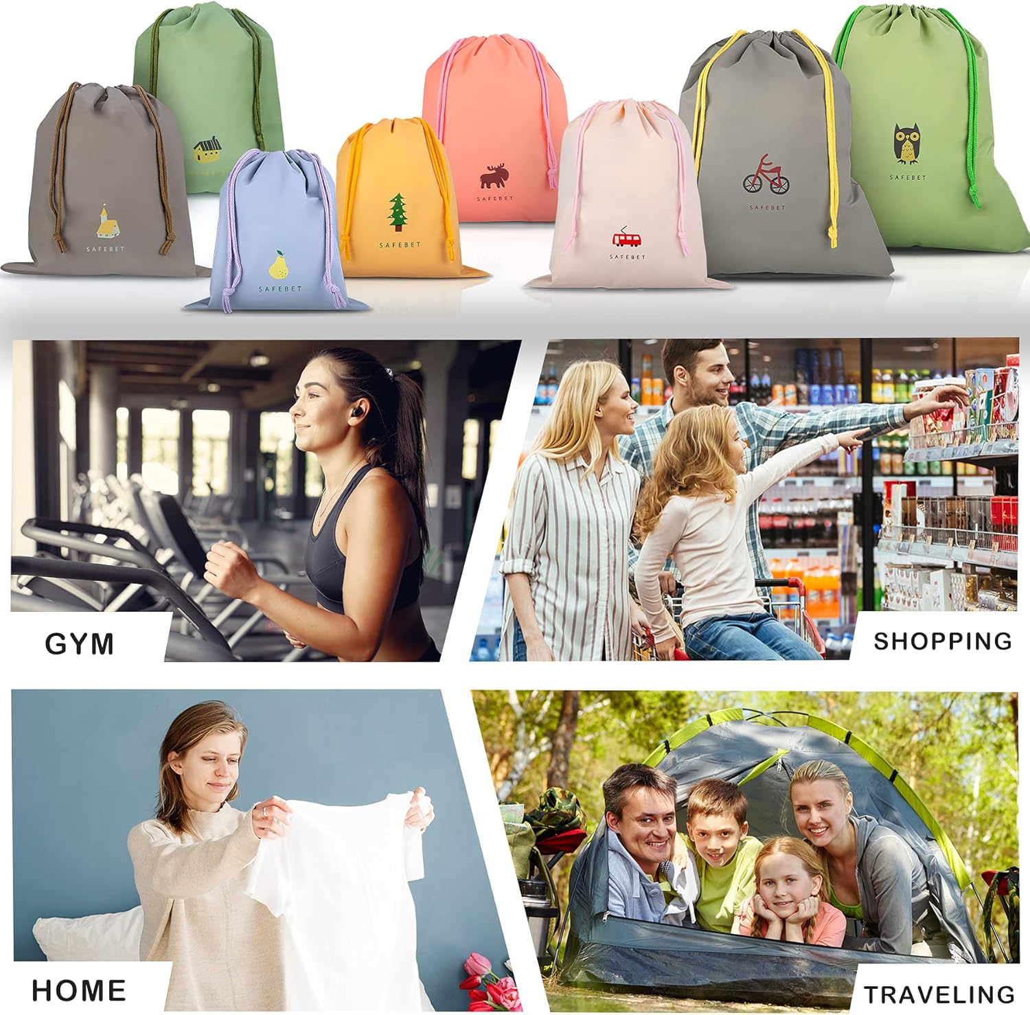 Coolzon 8 PCS Sac à Cordon Imperméable, PE Sacs de Rangement étanche Sacs Piscine Voyage Gym Sport Enfant Portable Sac Linge Organiseurs Pochette pour Vêtements Chaussures 8 Modèles 3 Tailles - fitnessterapy
