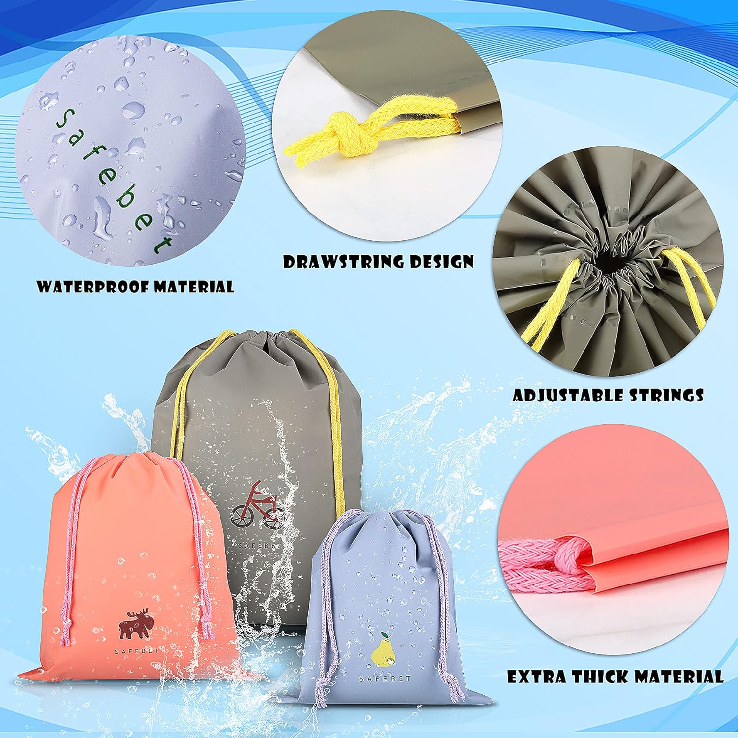 Coolzon 8 PCS Sac à Cordon Imperméable, PE Sacs de Rangement étanche Sacs Piscine Voyage Gym Sport Enfant Portable Sac Linge Organiseurs Pochette pour Vêtements Chaussures 8 Modèles 3 Tailles - fitnessterapy