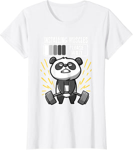Drôle De Panda Installing Muscles Please Wait Gym Fitness T-Shirt - fitnessterapy