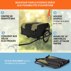 Duramaxx Mountee - Remorque de vélo, 130L, Charge Max. 60kg, Toile en Nylon avec Protection Anti - Pluie, Roues de 16", Pliable, Rouge ou Bleu - fitnessterapy
