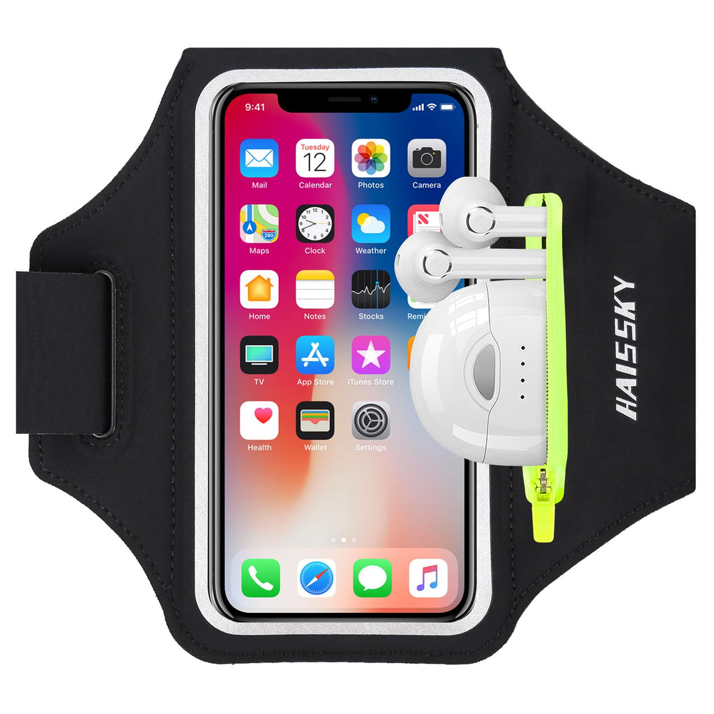HAISSKY Brassard de Sport avec Poche Écouteur, Brassard Sport pour iPhone 14 13 12 11 Pro Max XR XS X 8 7, Brassard Telephone Smartphone Running Brassard pour Jogging Cyclisme Randonnée (Noir) - fitnessterapy