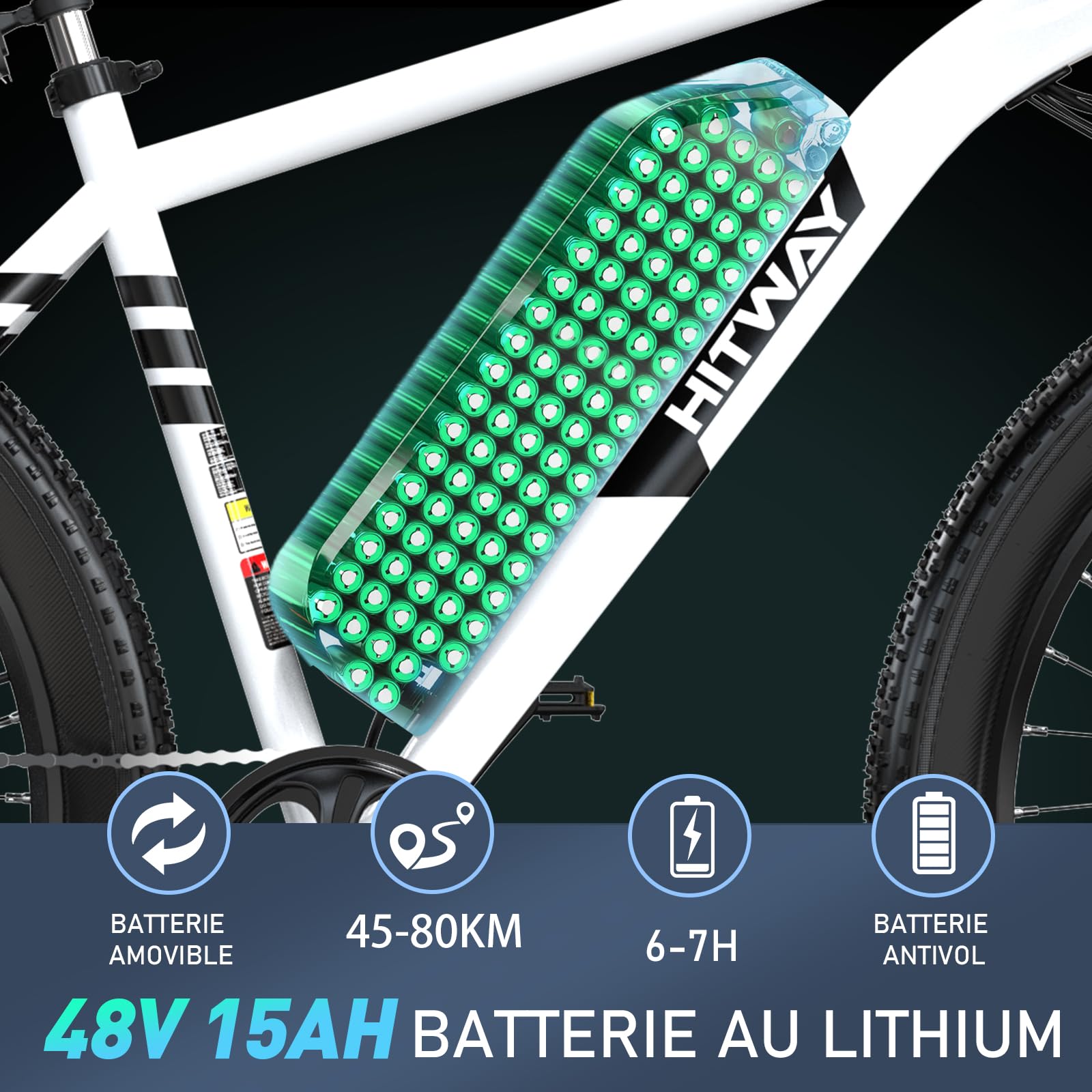 HITWAY Vélo Électrique, 26 * 3.0/4.0 Pouces VTT Électrique avec Batterie au Lithium Amovible 48V15Ah, Ville E - Bike avec 7 Vitesses, Moteur 250Wh, Autonomie 45 - 80km pour Adulte - fitnessterapy