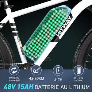 HITWAY Vélo Électrique, 26 * 3.0/4.0 Pouces VTT Électrique avec Batterie au Lithium Amovible 48V15Ah, Ville E - Bike avec 7 Vitesses, Moteur 250Wh, Autonomie 45 - 80km pour Adulte - fitnessterapy