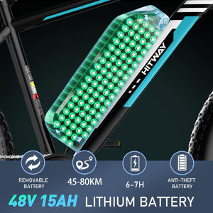 HITWAY Vélo Électrique, 26 * 3.0/4.0 Pouces VTT Électrique avec Batterie au Lithium Amovible 48V15Ah, Ville E - Bike avec 7 Vitesses, Moteur 250Wh, Autonomie 45 - 80km pour Adulte - fitnessterapy