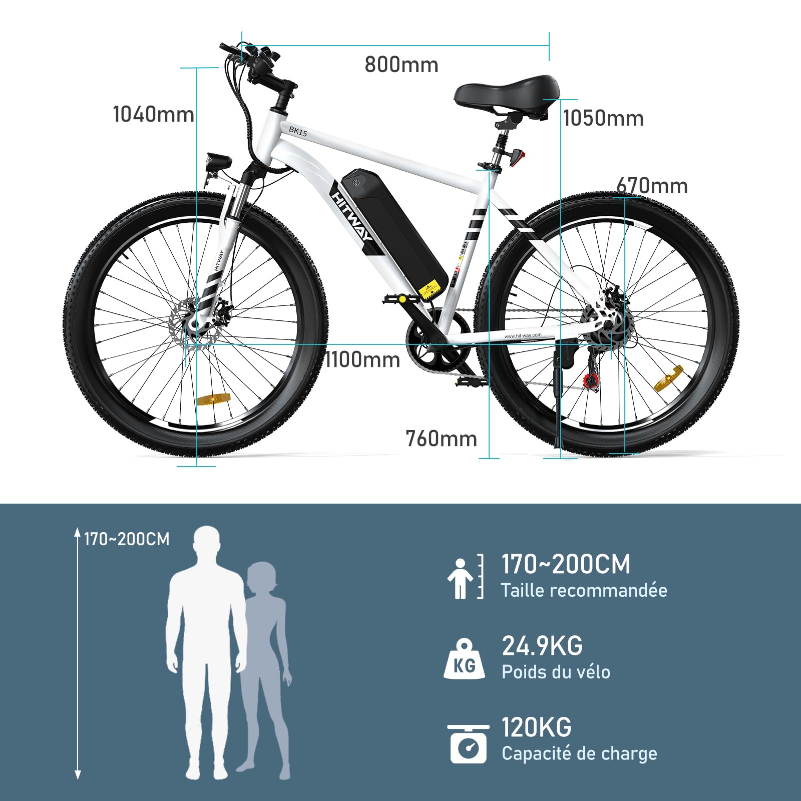 HITWAY Vélo Électrique, 26 * 3.0/4.0 Pouces VTT Électrique avec Batterie au Lithium Amovible 48V15Ah, Ville E - Bike avec 7 Vitesses, Moteur 250Wh, Autonomie 45 - 80km pour Adulte - fitnessterapy